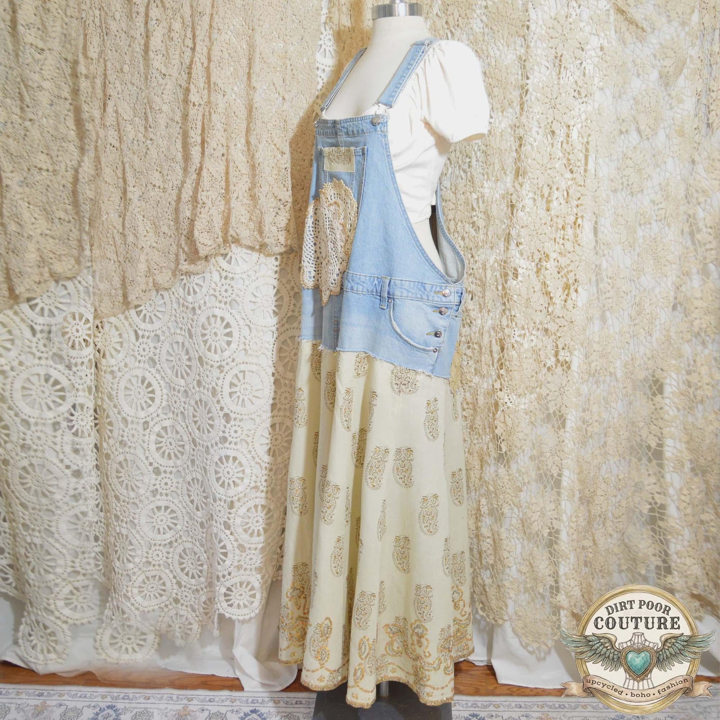 Bib Dress, Vintage Linen Maxi Dress, Upcycled Denim, Boho Prairie Dress, Upcycled, OOAK, Adelaide