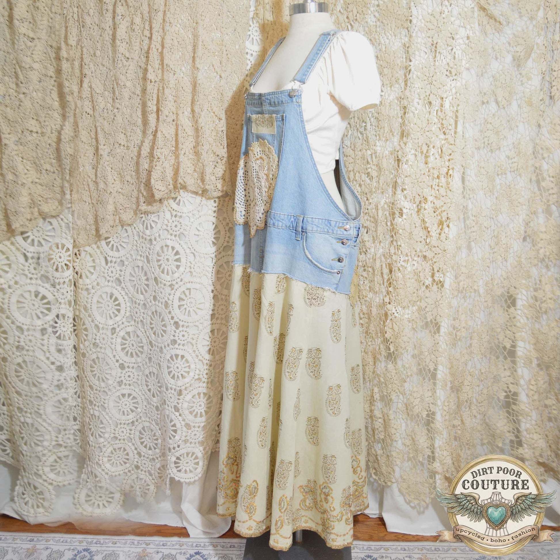 Bib Dress, Vintage Linen Maxi Dress, Upcycled Denim, Boho Prairie Dress, Upcycled, OOAK, Adelaide