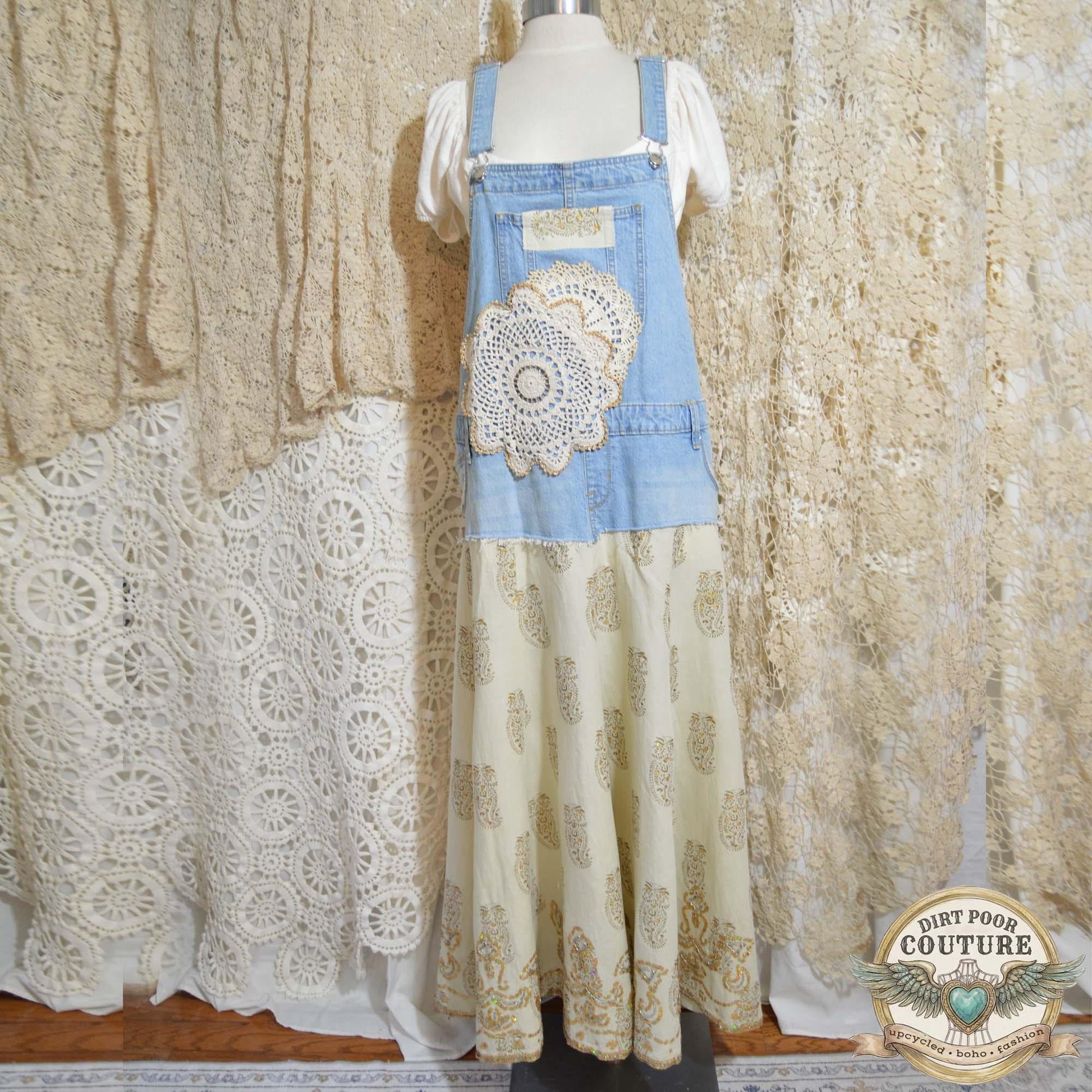 Bib Dress, Vintage Linen Maxi Dress, Upcycled Denim, Boho Prairie Dress, Upcycled, OOAK, Adelaide