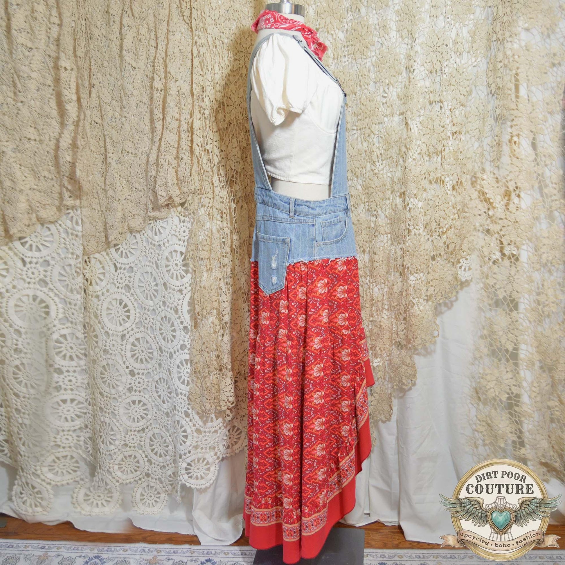 Red Floral Hi-Low Dress, Upcycled Denim, One of a Kind, Boho Maxi Festival Dress, OOAK Savannah