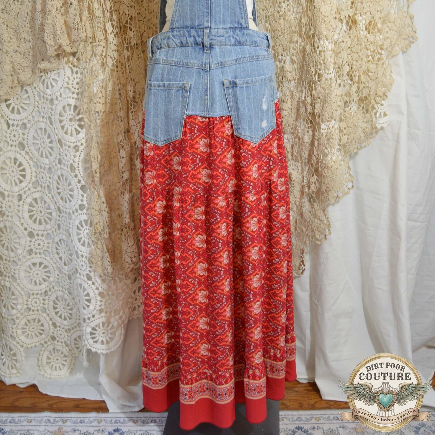 Red Floral Hi-Low Dress, Upcycled Denim, One of a Kind, Boho Maxi Festival Dress, OOAK Savannah