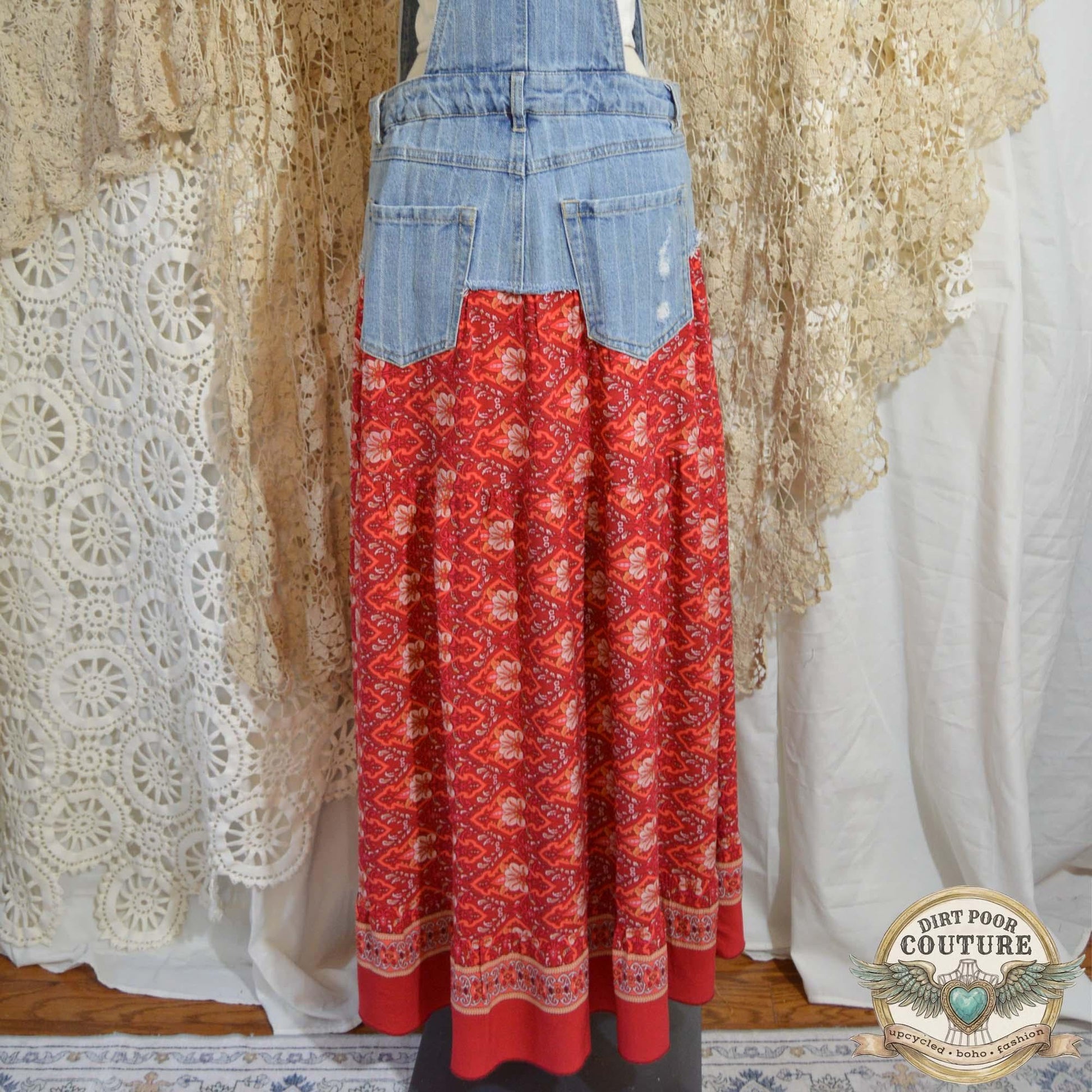 Red Floral Hi-Low Dress, Upcycled Denim, One of a Kind, Boho Maxi Festival Dress, OOAK Savannah
