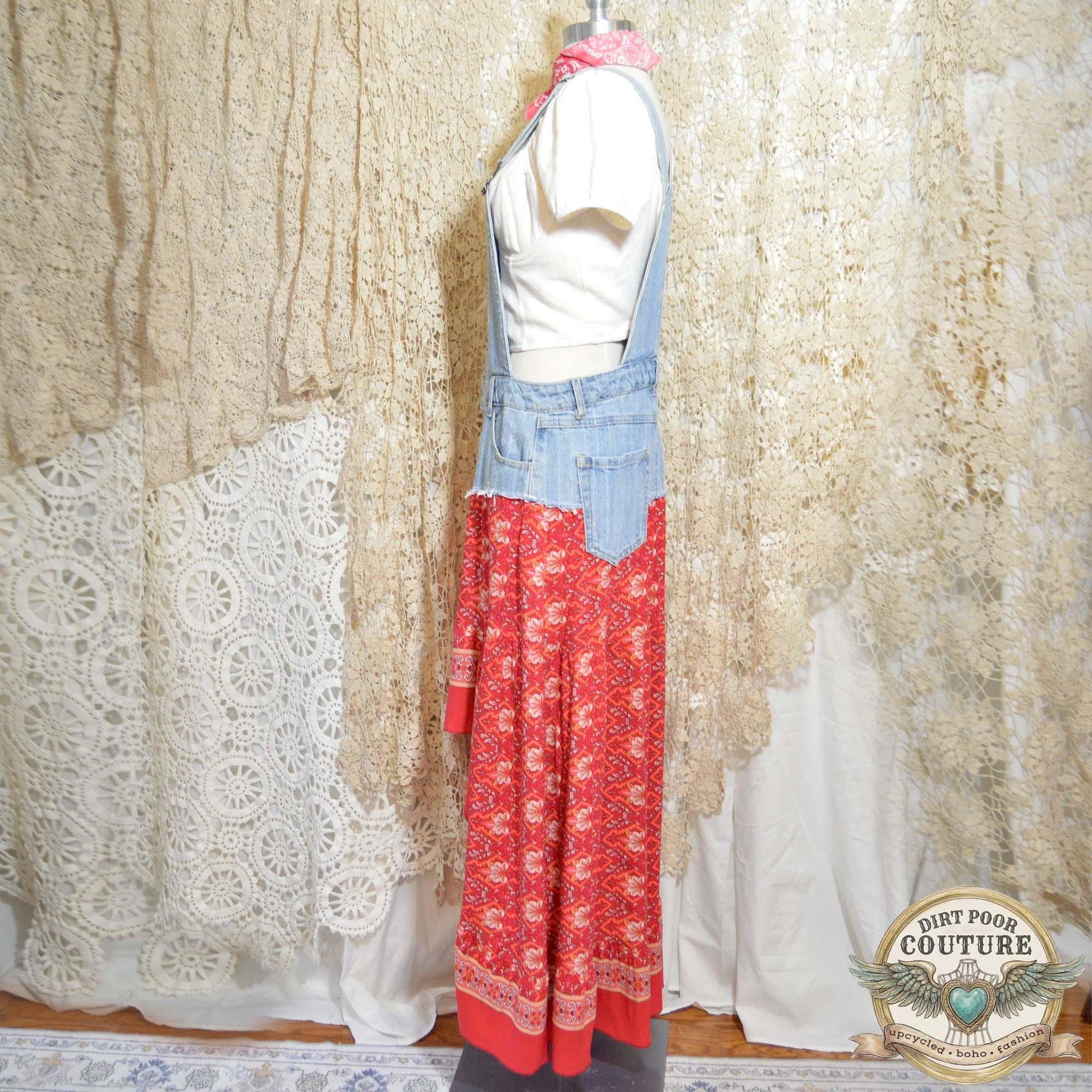 Red Floral Hi-Low Dress, Upcycled Denim, One of a Kind, Boho Maxi Festival Dress, OOAK Savannah