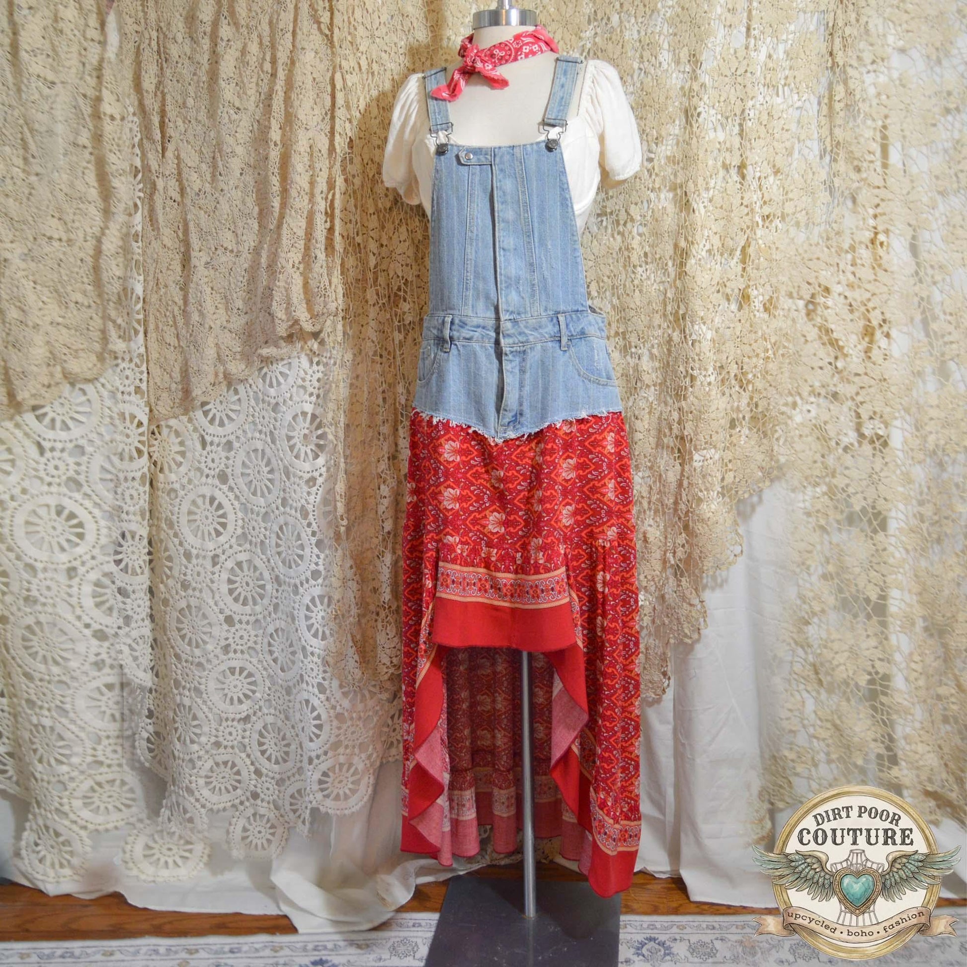 Red Floral Hi-Low Dress, Upcycled Denim, One of a Kind, Boho Maxi Festival Dress, OOAK Savannah