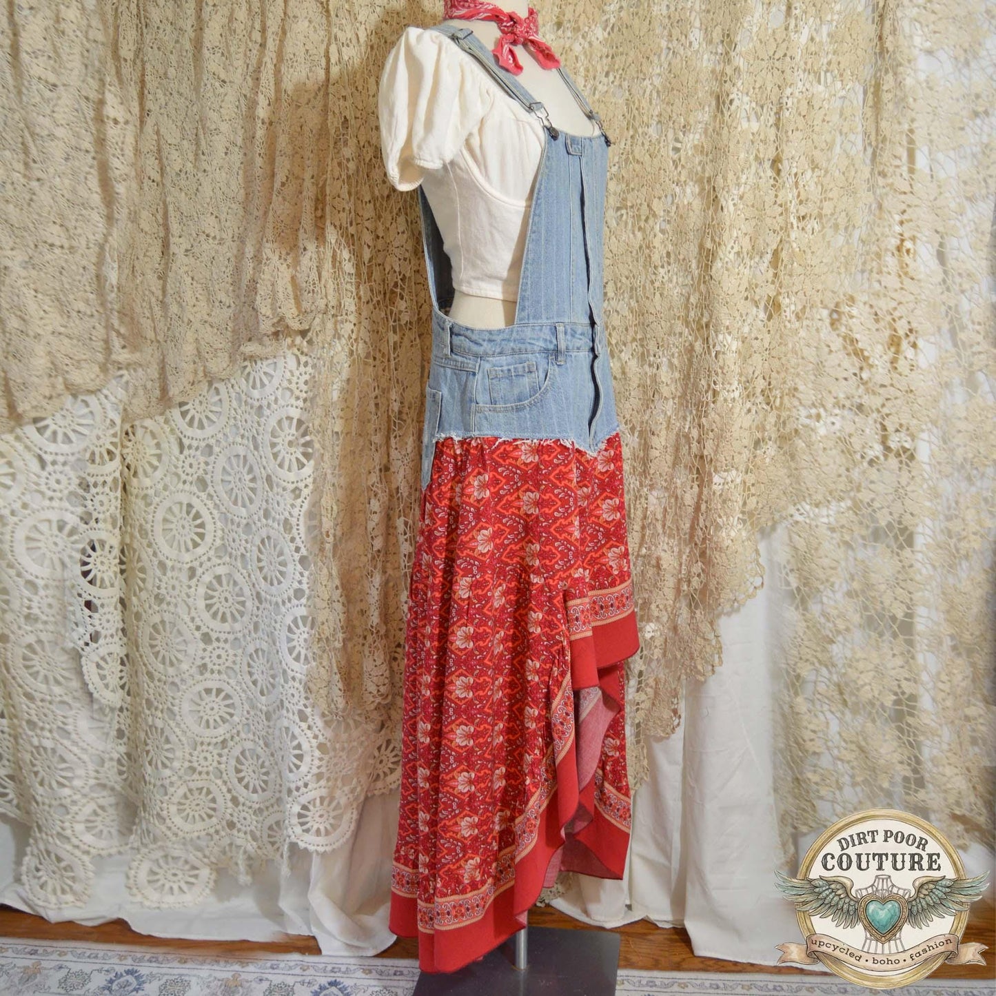 Red Floral Hi-Low Dress, Upcycled Denim, One of a Kind, Boho Maxi Festival Dress, OOAK Savannah