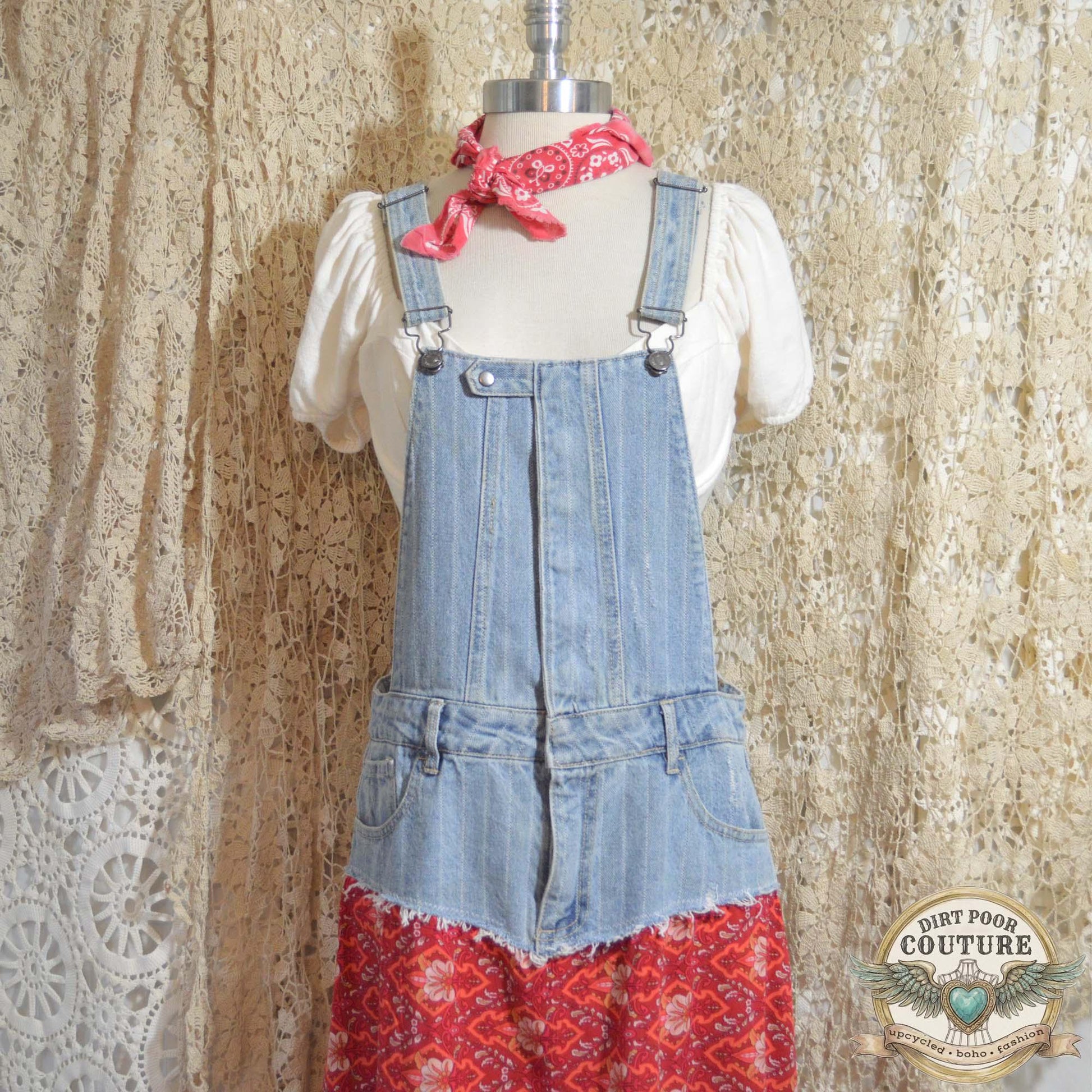 Red Floral Hi-Low Dress, Upcycled Denim, One of a Kind, Boho Maxi Festival Dress, OOAK Savannah