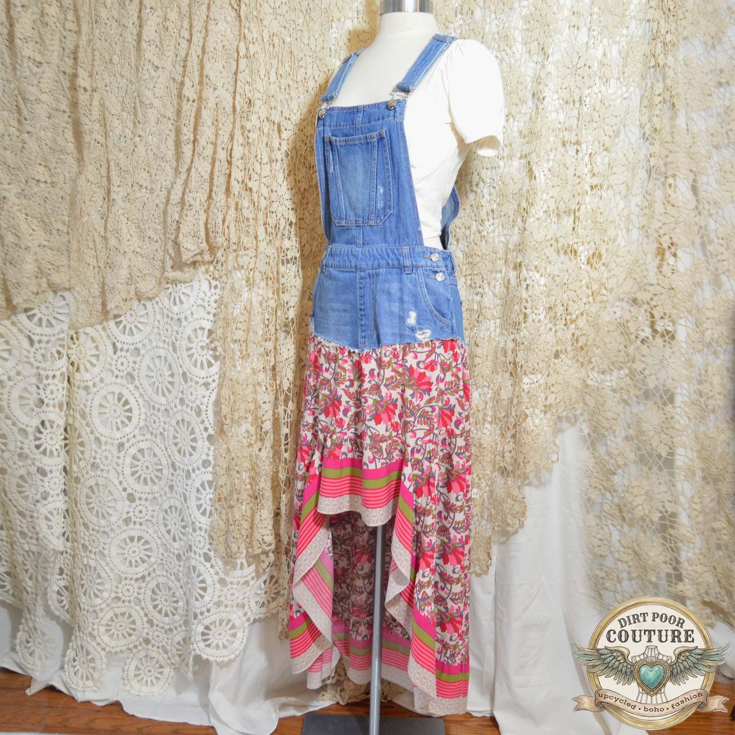 Romantic Boho Bib Dress, Upcycled Denim Hi Low Maxi Dress, Pink Floral Prairie Festival Clothing, OOAK Magnolia