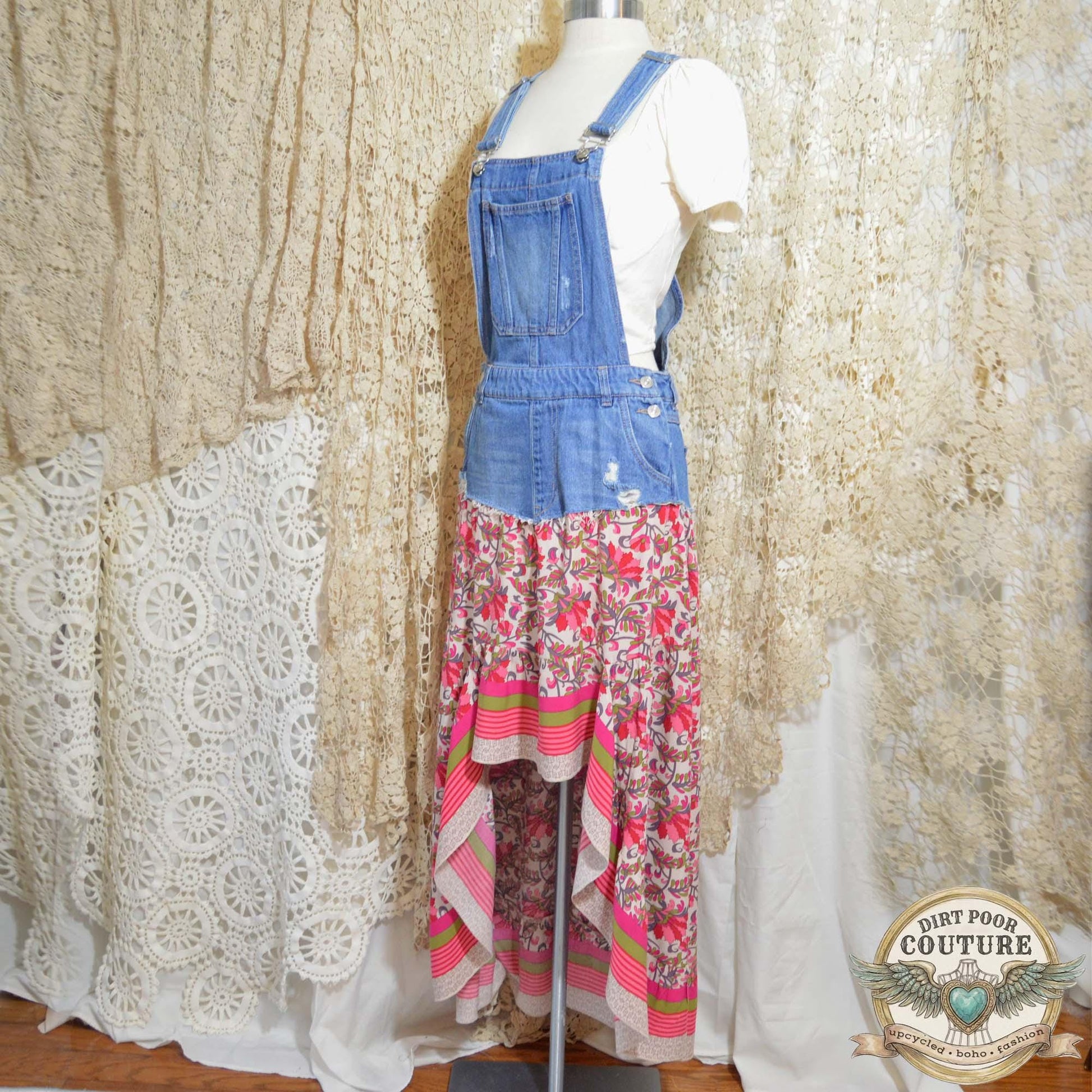 Romantic Boho Bib Dress, Upcycled Denim Hi Low Maxi Dress, Pink Floral Prairie Festival Clothing, OOAK Magnolia