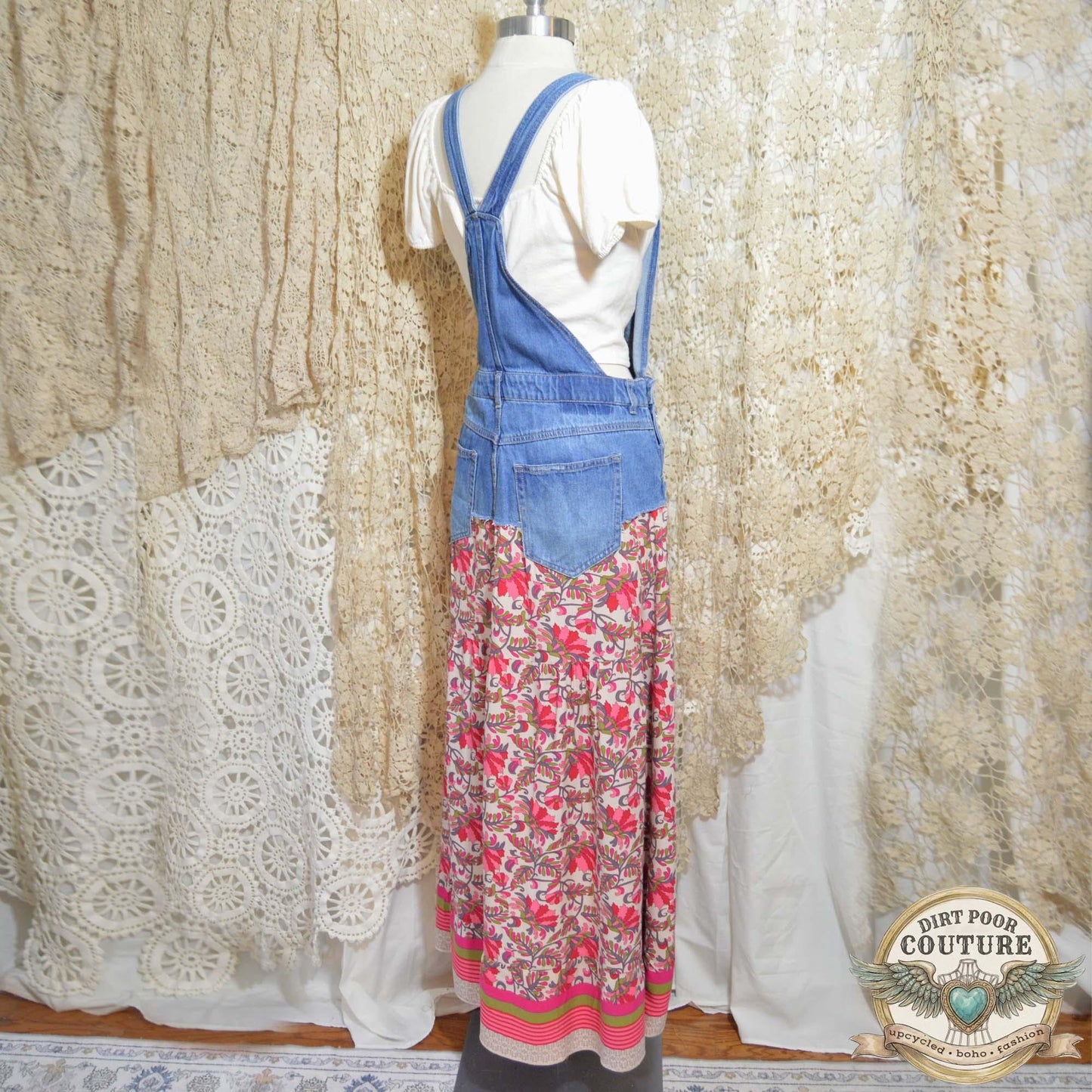 Romantic Boho Bib Dress, Upcycled Denim Hi Low Maxi Dress, Pink Floral Prairie Festival Clothing, OOAK Magnolia