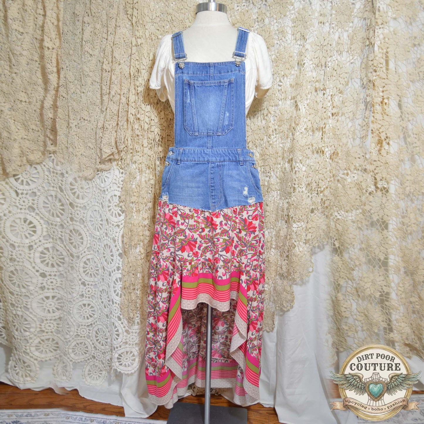 Romantic Boho Bib Dress, Upcycled Denim Hi Low Maxi Dress, Pink Floral Prairie Festival Clothing, OOAK Magnolia