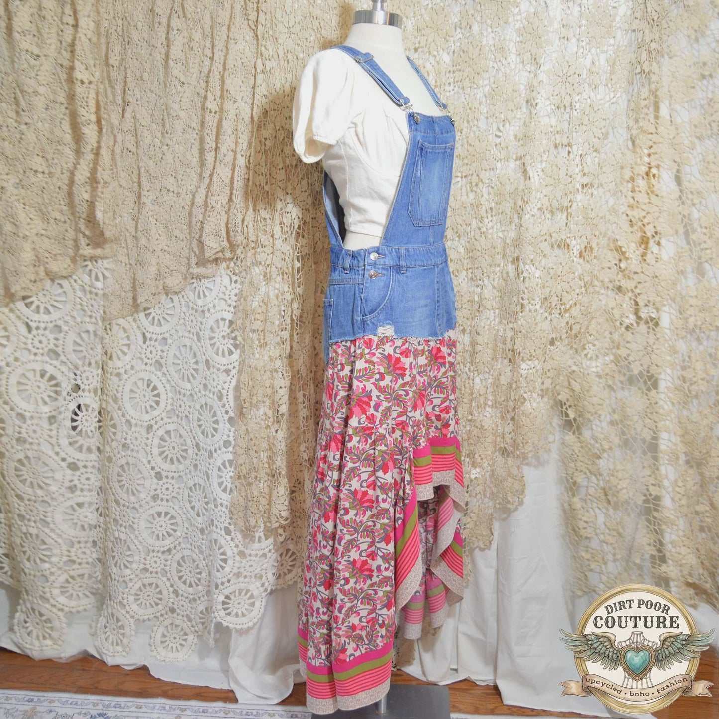 Romantic Boho Bib Dress, Upcycled Denim Hi Low Maxi Dress, Pink Floral Prairie Festival Clothing, OOAK Magnolia