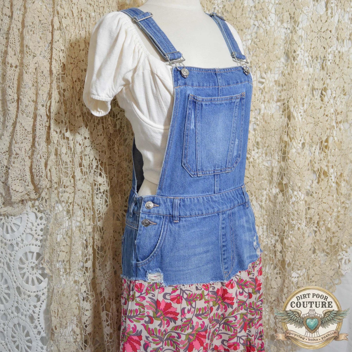 Romantic Boho Bib Dress, Upcycled Denim Hi Low Maxi Dress, Pink Floral Prairie Festival Clothing, OOAK Magnolia