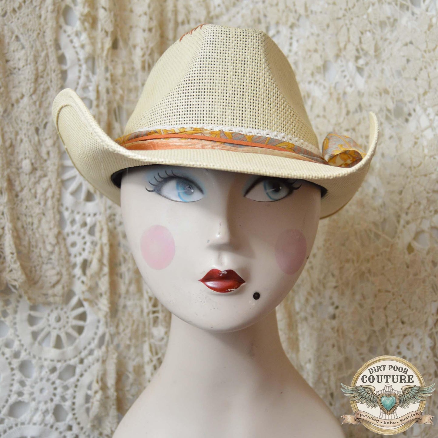 Distressed Boho Cowboy Hat, One of a Kind, Sari Silk Trimmed Hat, Romantic Western, Festival Hat, Adjustable Fit, Amelia
