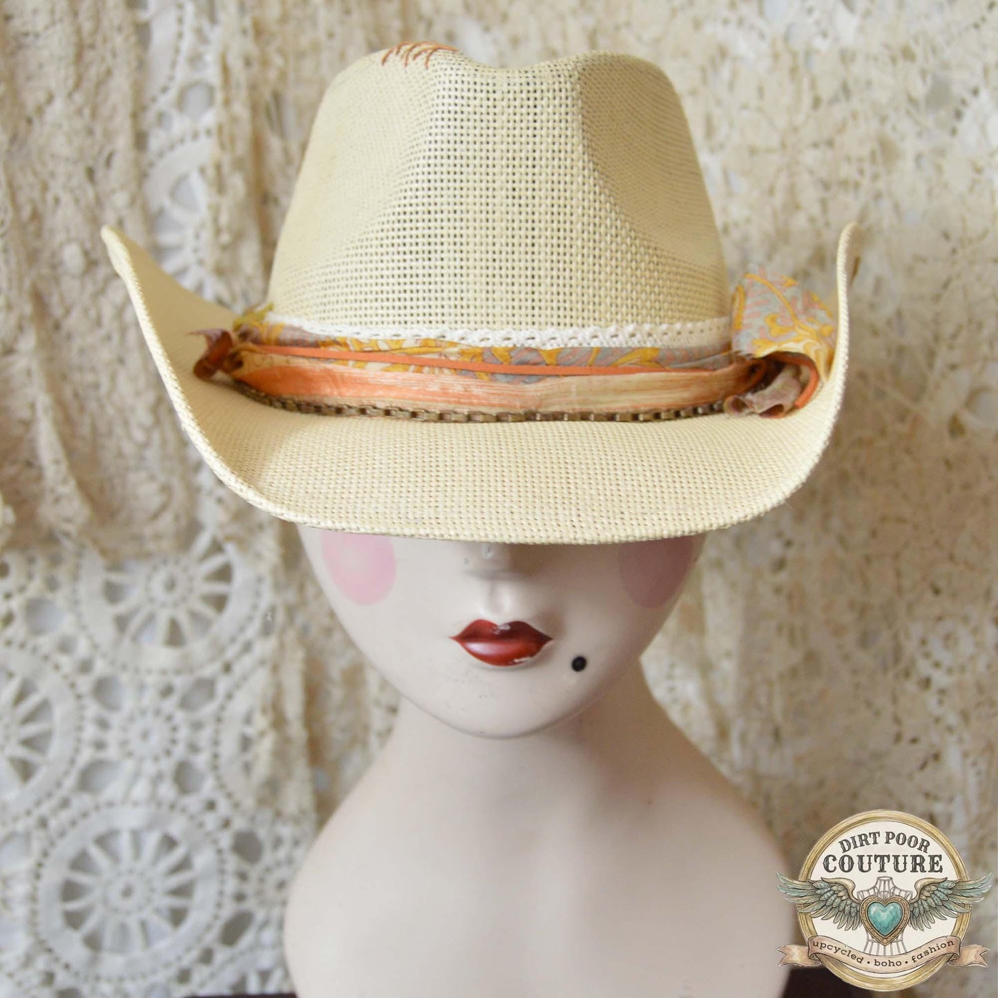 Distressed Boho Cowboy Hat, One of a Kind, Sari Silk Trimmed Hat, Romantic Western, Festival Hat, Adjustable Fit, Amelia