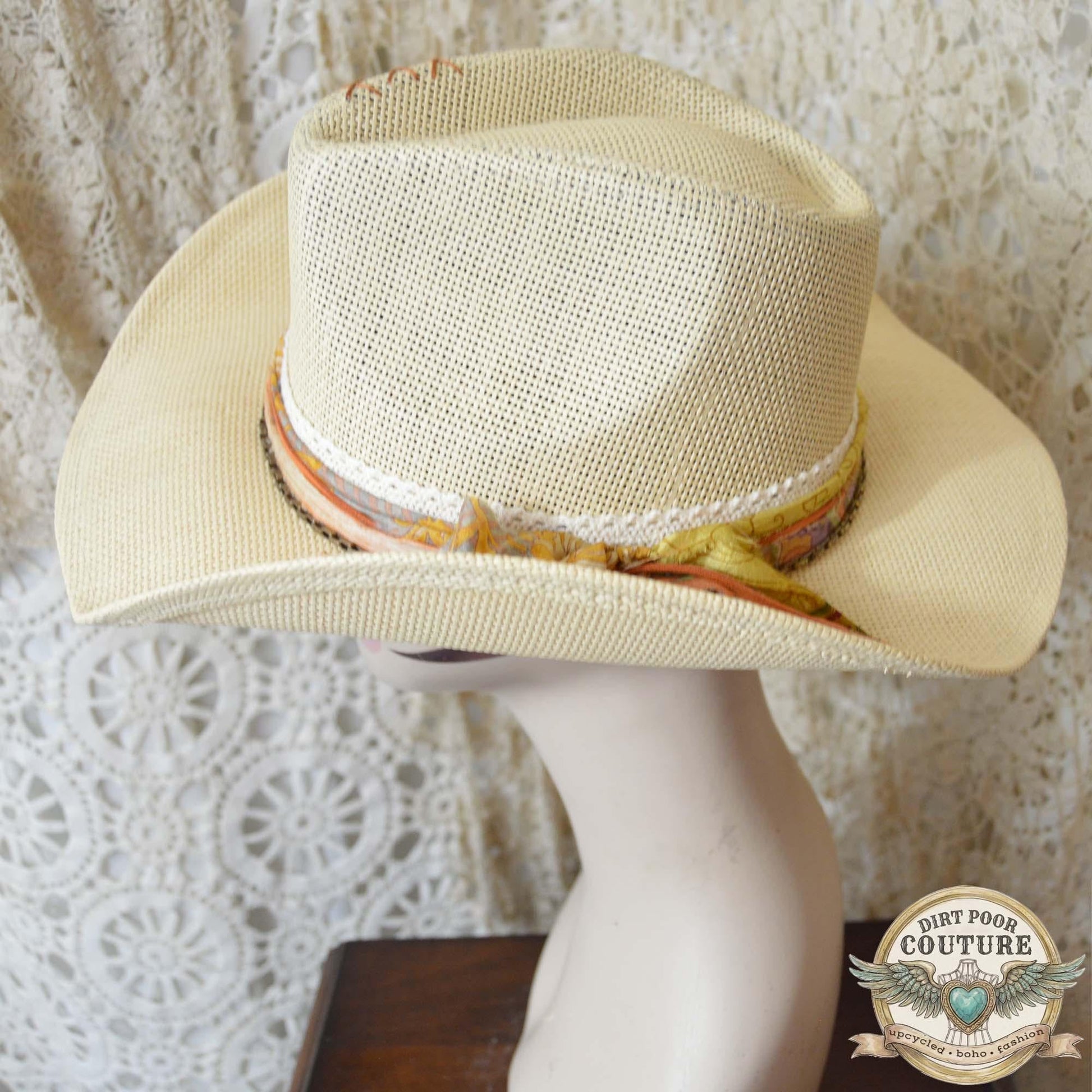 Distressed Boho Cowboy Hat, One of a Kind, Sari Silk Trimmed Hat, Romantic Western, Festival Hat, Adjustable Fit, Amelia