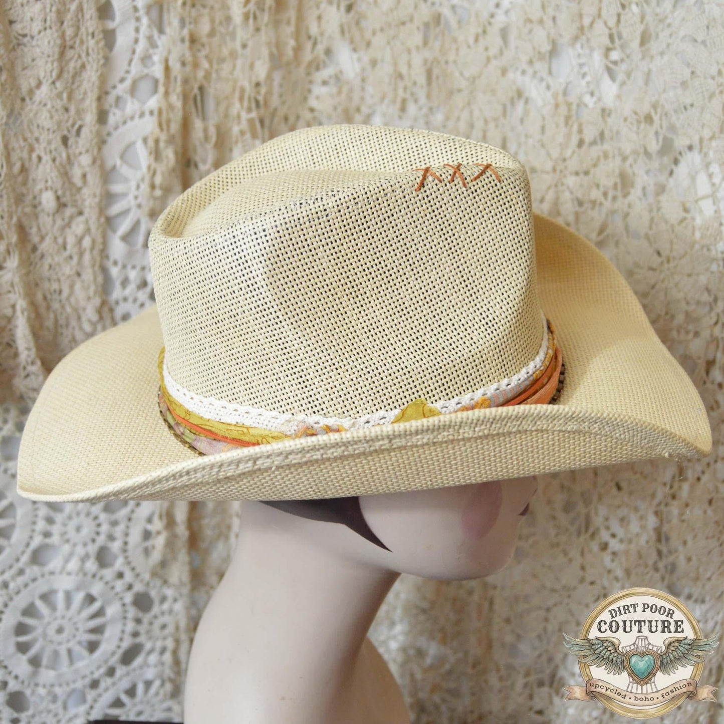 Distressed Boho Cowboy Hat, One of a Kind, Sari Silk Trimmed Hat, Romantic Western, Festival Hat, Adjustable Fit, Amelia