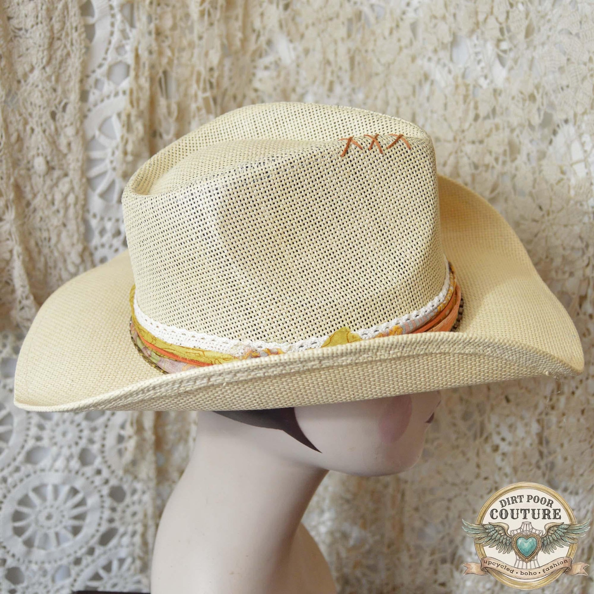 Distressed Boho Cowboy Hat, One of a Kind, Sari Silk Trimmed Hat, Romantic Western, Festival Hat, Adjustable Fit, Amelia