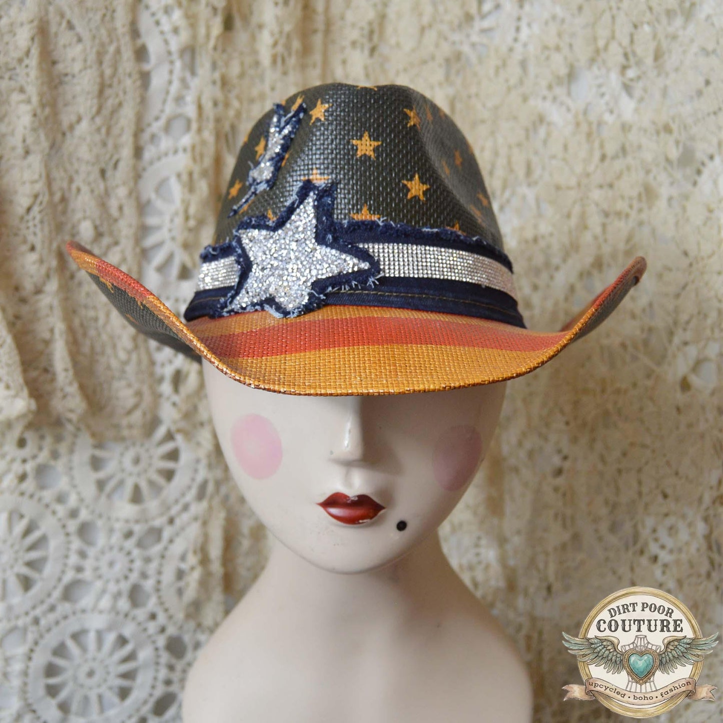 Distressed Americana Cowgirl Hat, One of a Kind, Western Hat, Rhinestone Star, Festival Hat, OOAK, Betsey