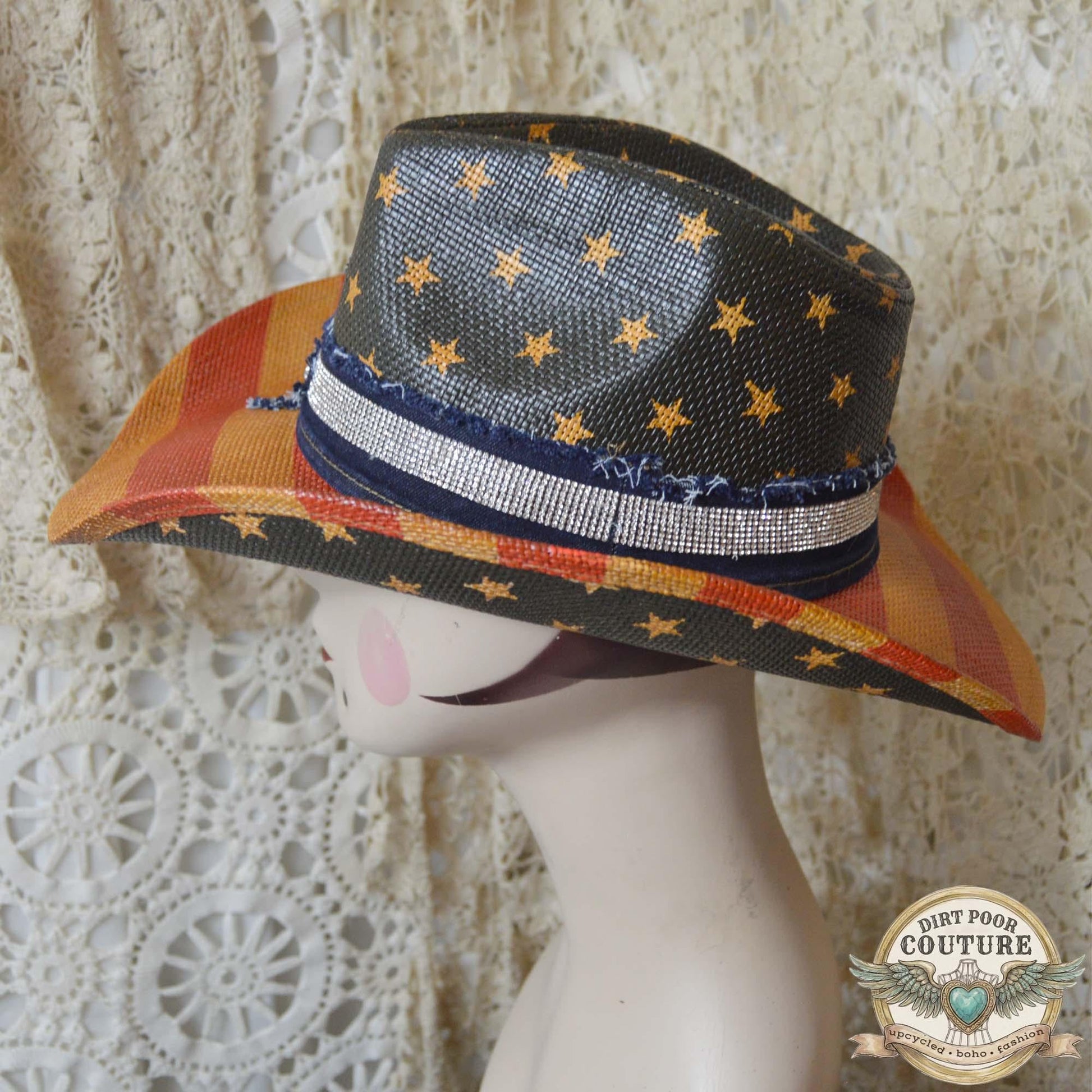 Distressed Americana Cowgirl Hat, One of a Kind, Western Hat, Rhinestone Star, Festival Hat, OOAK, Betsey