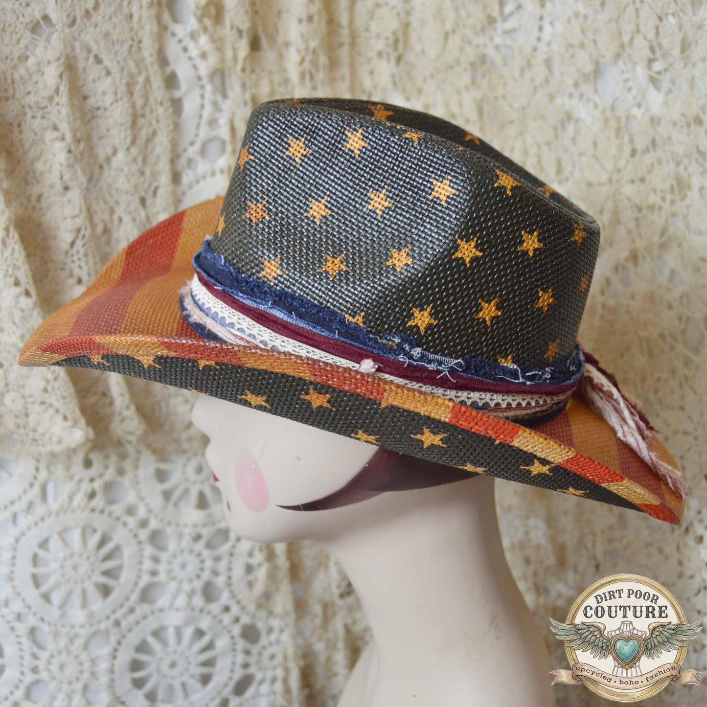 Distressed, Patriotic Boho Cowgirl Hat, One of a Kind Western Hat, Vintage Sari Silk Hat, Romantic Rebel Style, Eleanor