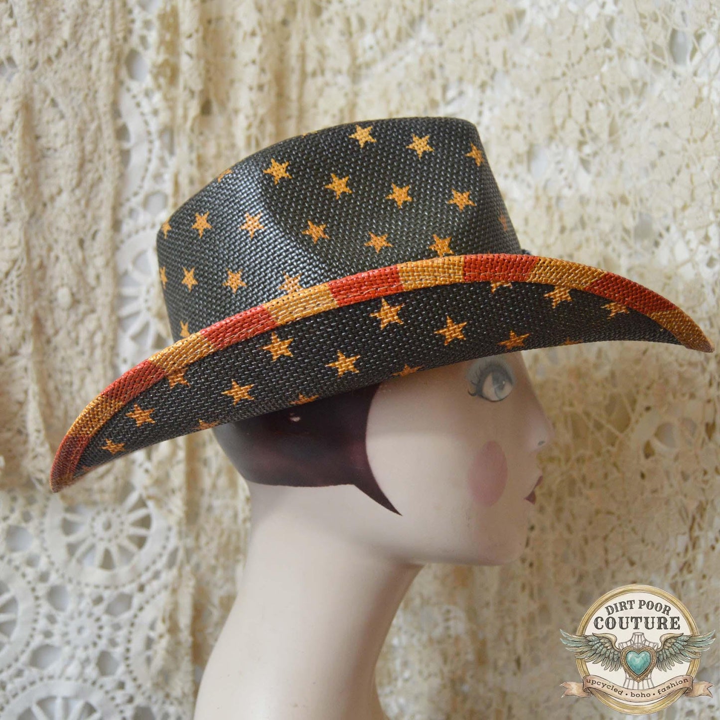 Distressed, Patriotic Boho Cowgirl Hat, One of a Kind Western Hat, Vintage Sari Silk Hat, Romantic Rebel Style, Eleanor