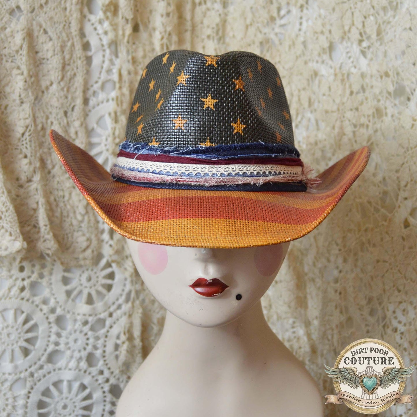 Distressed, Patriotic Boho Cowgirl Hat, One of a Kind Western Hat, Vintage Sari Silk Hat, Romantic Rebel Style, Eleanor