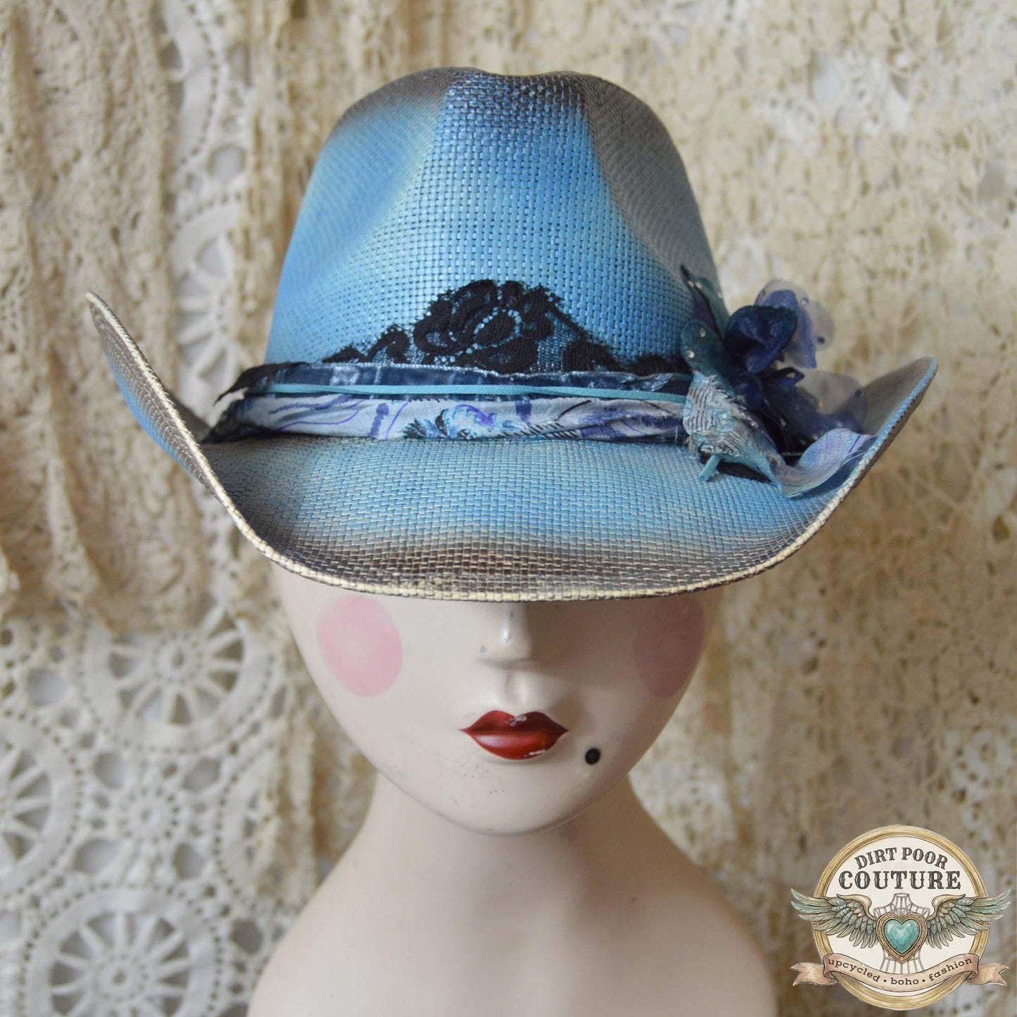 Blue OOAK Cowgirl Hat, One of a Kind Distressed, Romantic Boho Western Hat, Vintage Sari Silk Hat, Wearable Art Chloe