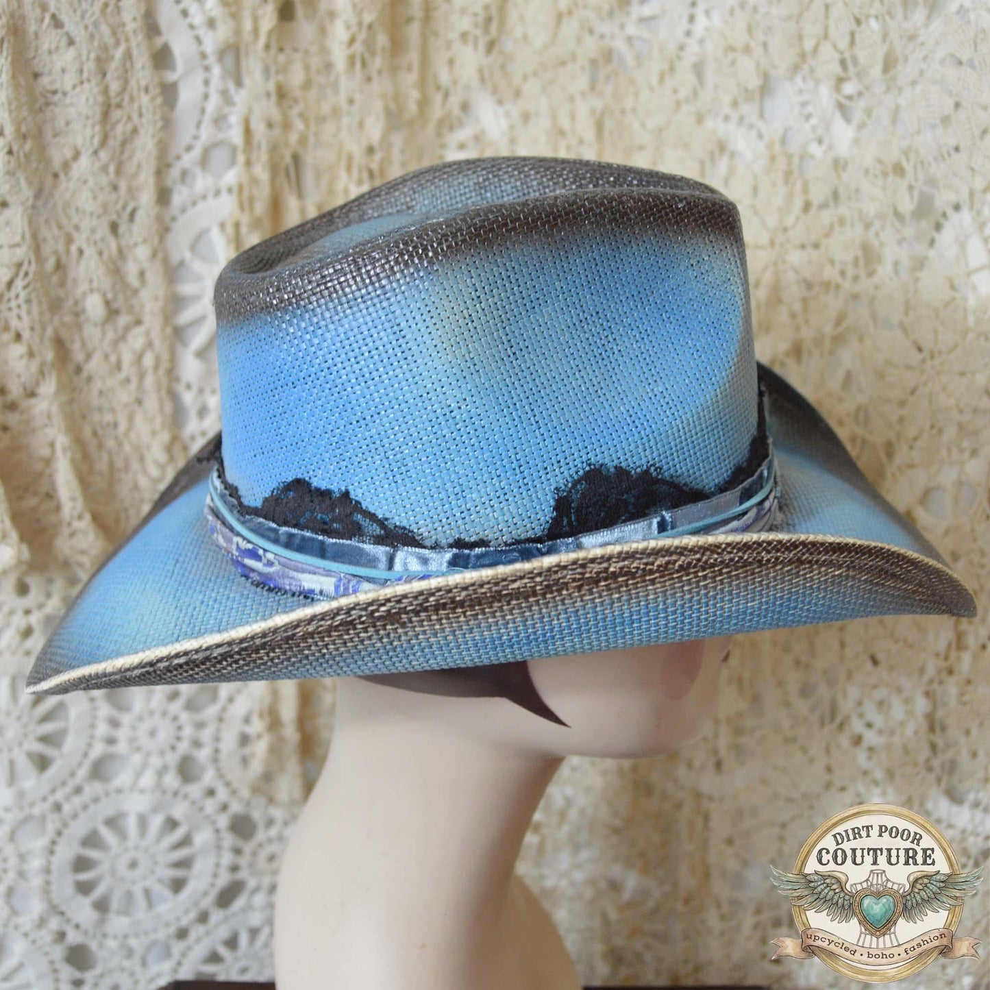 Blue OOAK Cowgirl Hat, One of a Kind Distressed, Romantic Boho Western Hat, Vintage Sari Silk Hat, Wearable Art Chloe