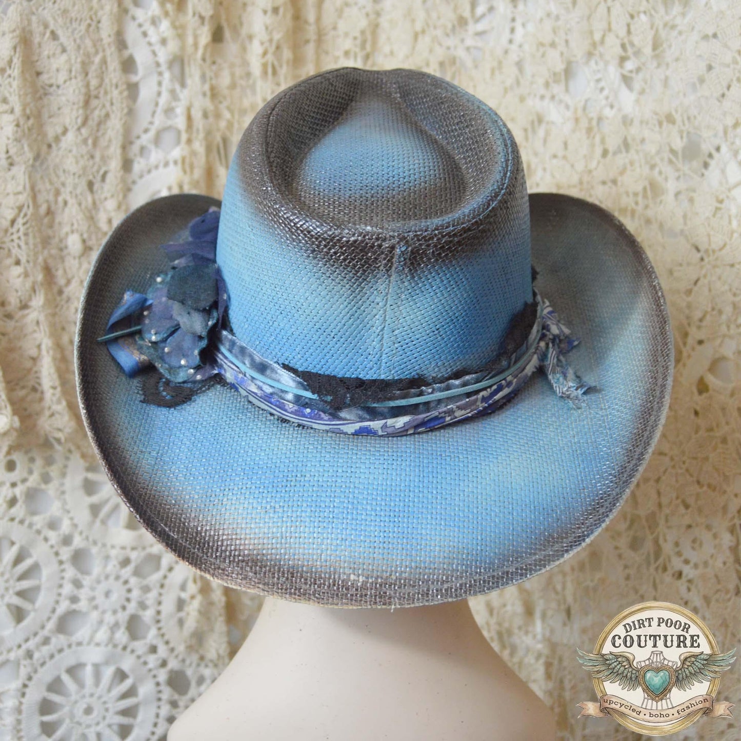 Blue OOAK Cowgirl Hat, One of a Kind Distressed, Romantic Boho Western Hat, Vintage Sari Silk Hat, Wearable Art Chloe