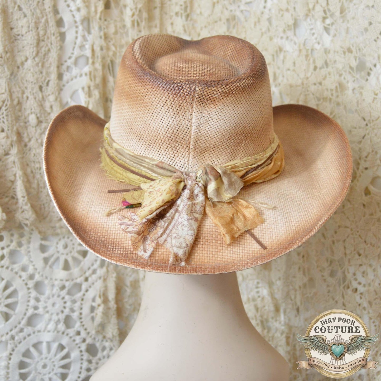 Distressed Blush Cowgirl Hat, One of a Kind Boho Western Hat, Vintage Sari Silk Hat, Romantic Prairie Hat, Clara