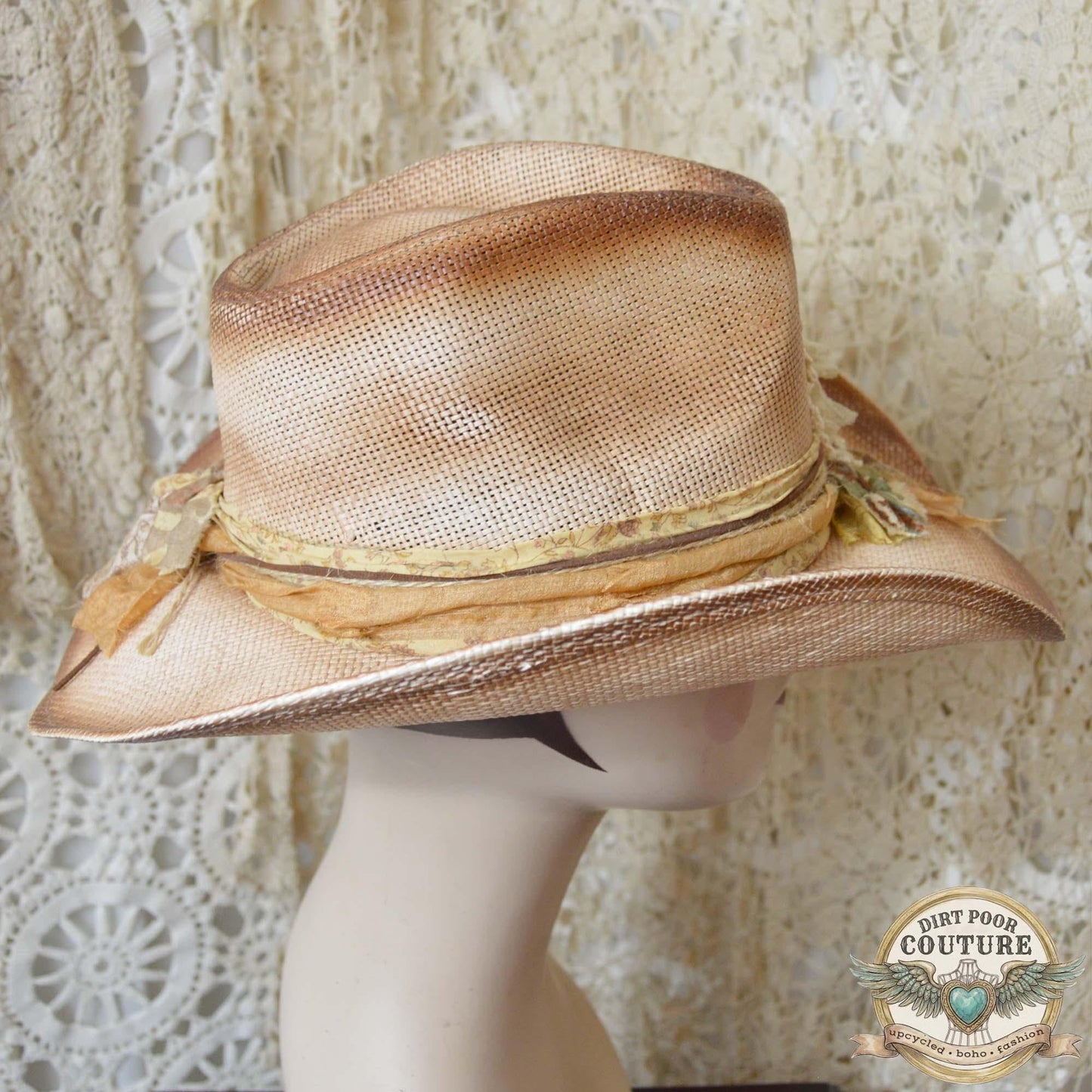 Distressed Blush Cowgirl Hat, One of a Kind Boho Western Hat, Vintage Sari Silk Hat, Romantic Prairie Hat, Clara