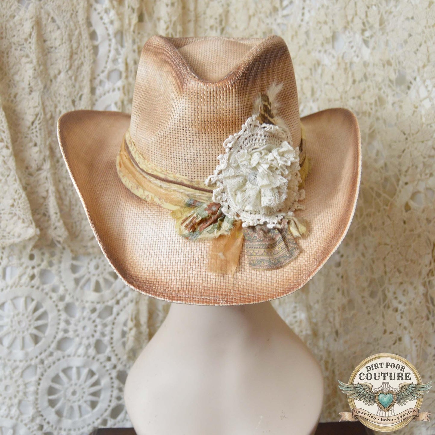Distressed Blush Cowgirl Hat, One of a Kind Boho Western Hat, Vintage Sari Silk Hat, Romantic Prairie Hat, Clara