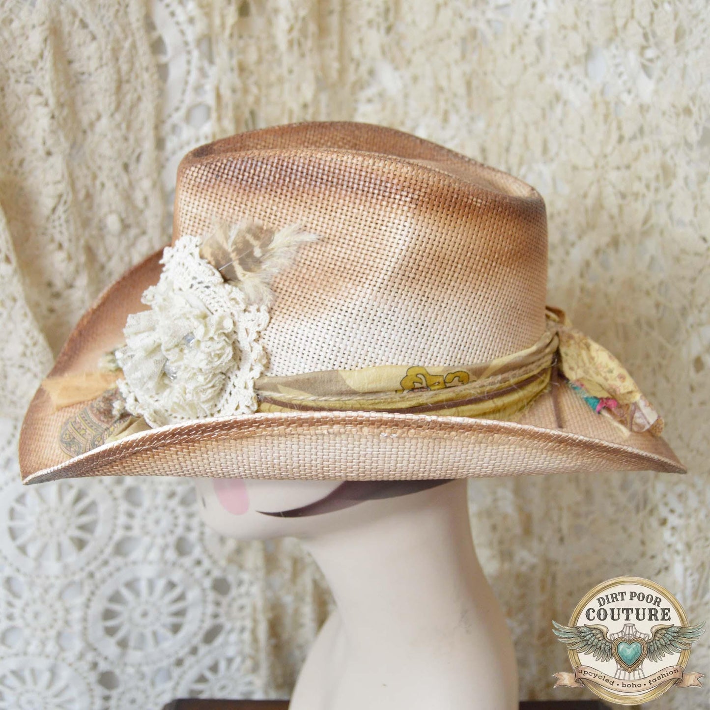 Distressed Blush Cowgirl Hat, One of a Kind Boho Western Hat, Vintage Sari Silk Hat, Romantic Prairie Hat, Clara