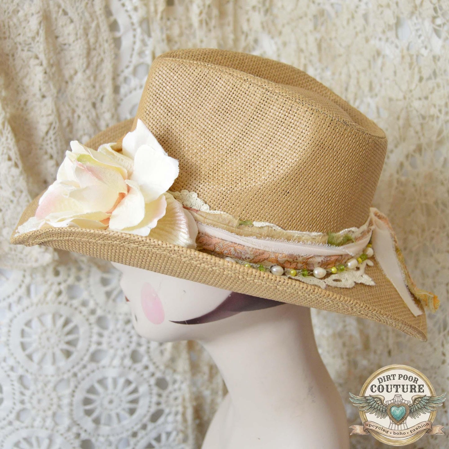 Distressed Boho Cowgirl Hat, One of a Kind Western Hat, Vintage Sari Silk Hat, Romantic Prairie Hat, Delilah