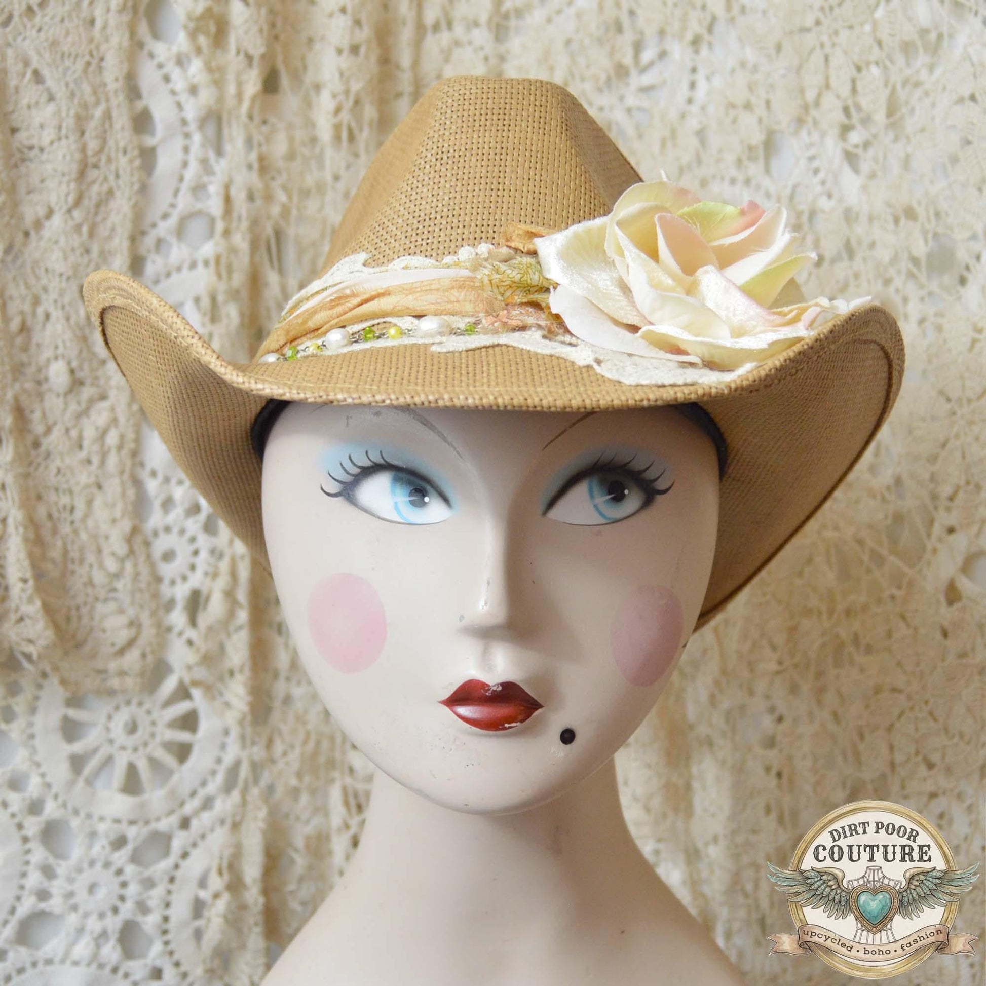 Distressed Boho Cowgirl Hat, One of a Kind Western Hat, Vintage Sari Silk Hat, Romantic Prairie Hat, Delilah