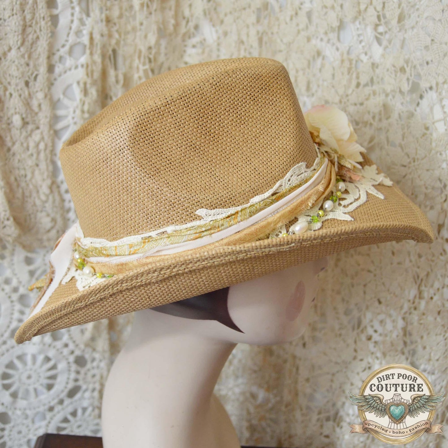 Distressed Boho Cowgirl Hat, One of a Kind Western Hat, Vintage Sari Silk Hat, Romantic Prairie Hat, Delilah