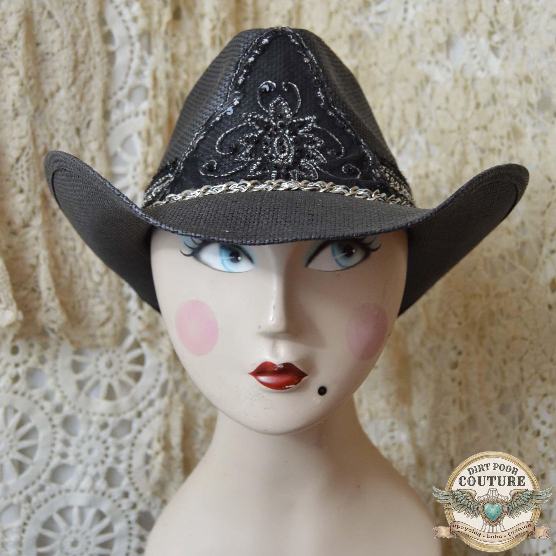 Black Boho Cowgirl Hat, One of a Kind Western Hat, Gothic Western Hat, Artisan Festival Hat, Eliza