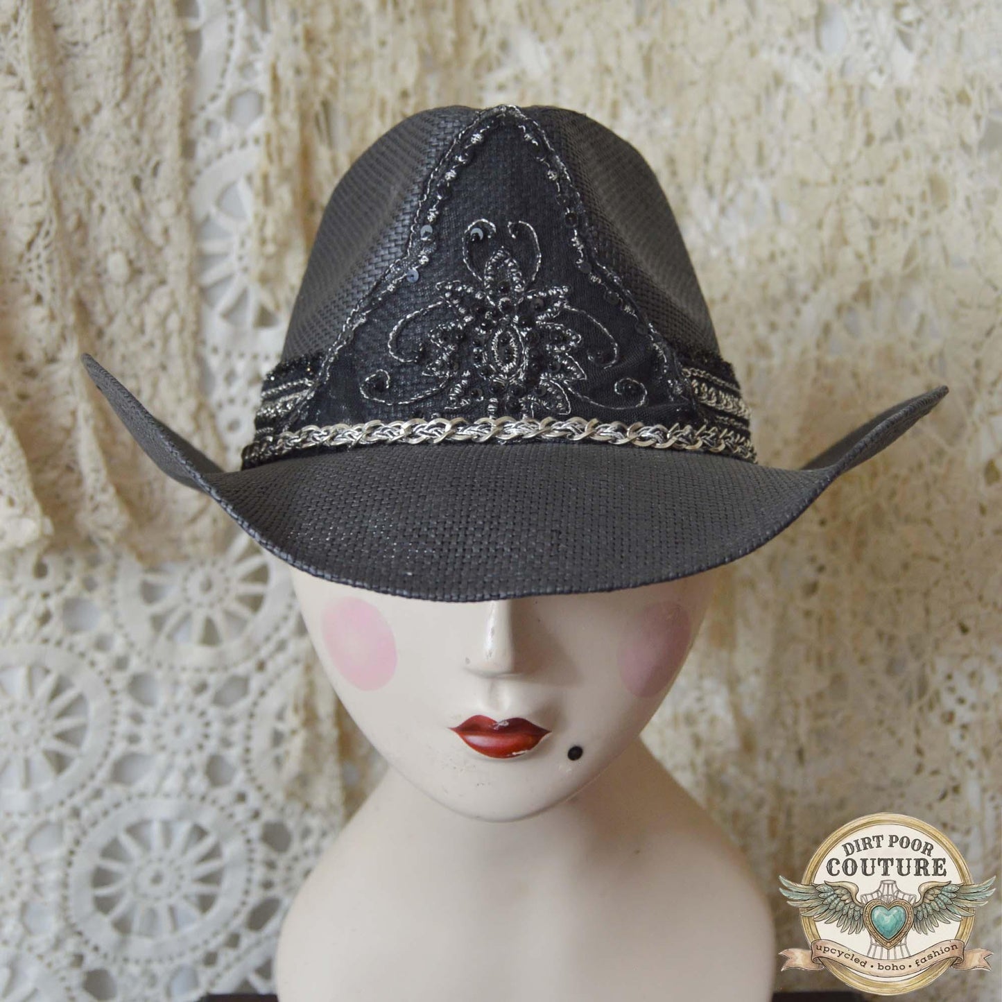 Black Boho Cowgirl Hat, One of a Kind Western Hat, Gothic Western Hat, Artisan Festival Hat, Eliza