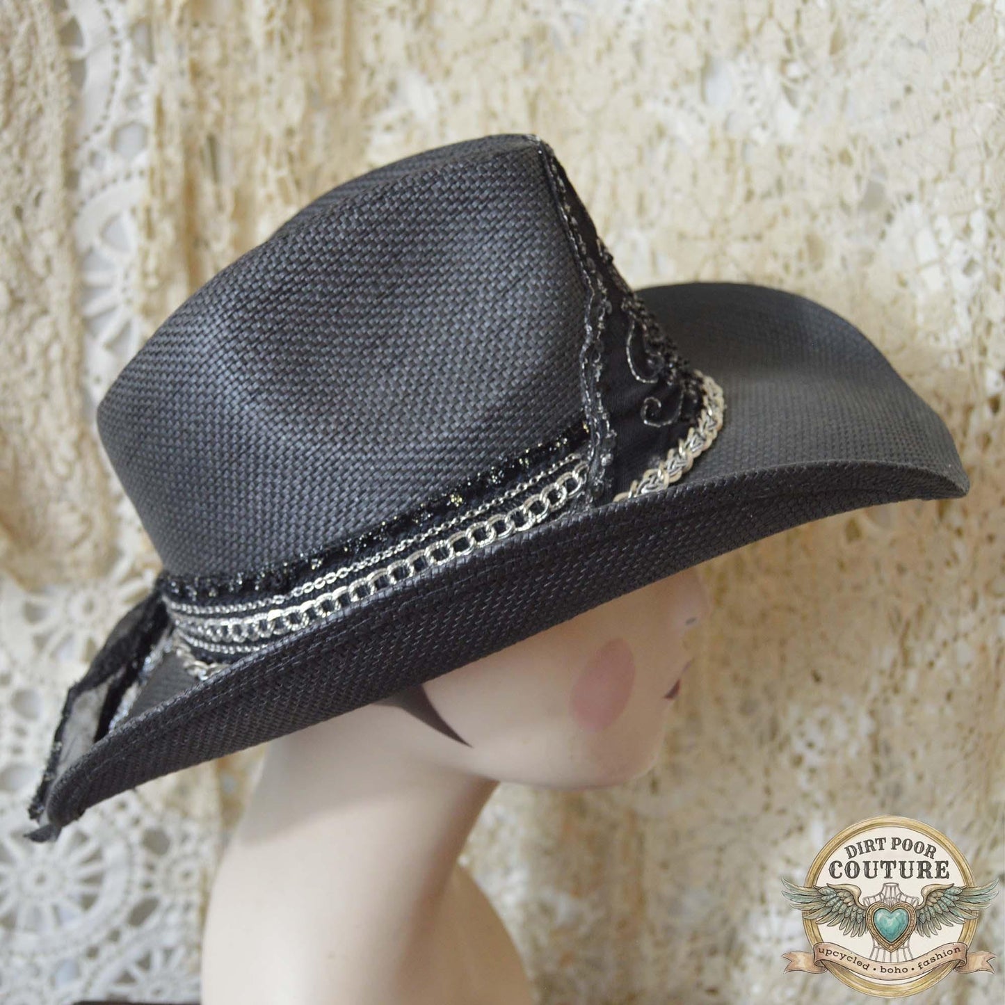Black Boho Cowgirl Hat, One of a Kind Western Hat, Gothic Western Hat, Artisan Festival Hat, Eliza