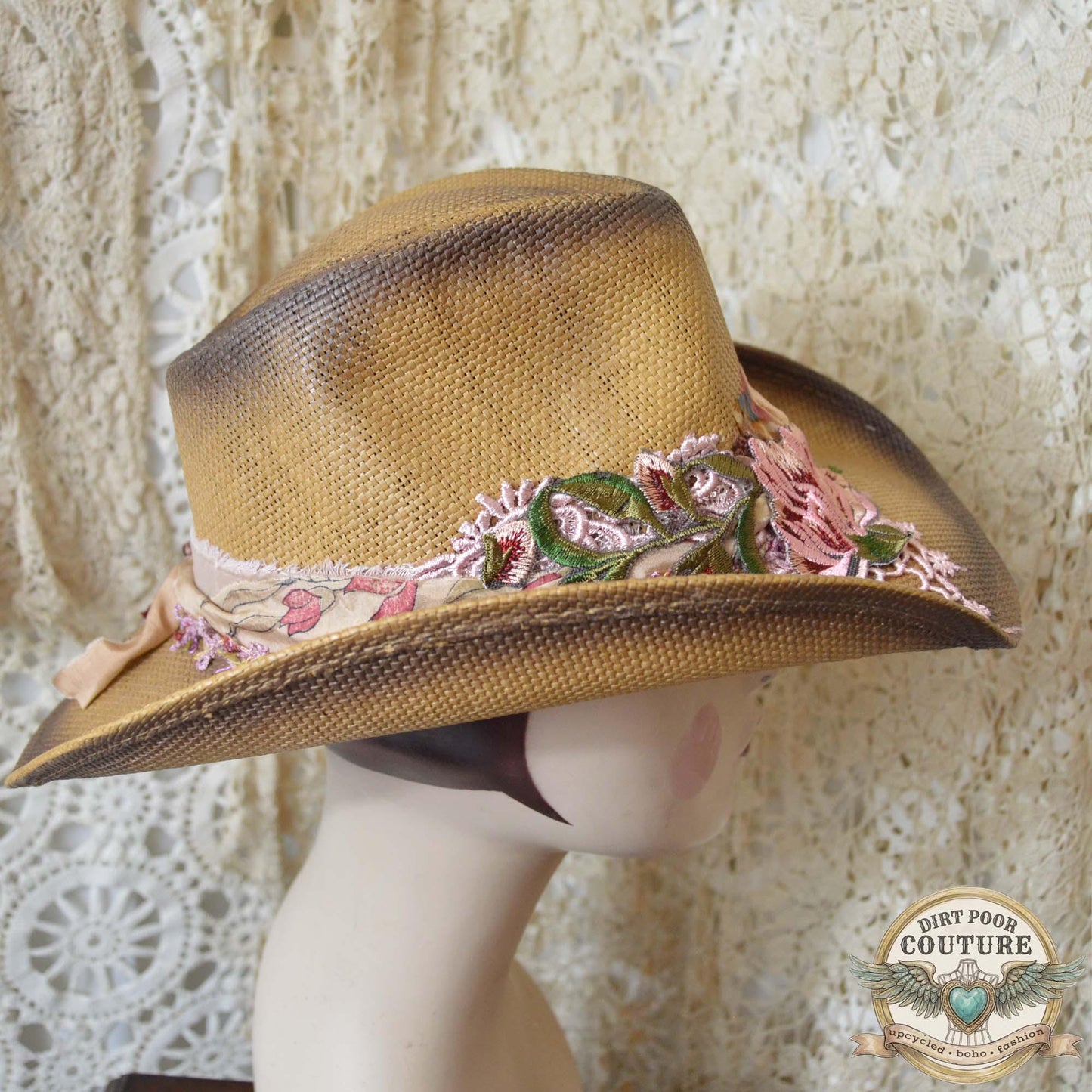 Boho Straw Cowgirl Hat, One of a Kind Western Hat, Floral Sari Silk Hat, Artisan Festival Hat, Georgia