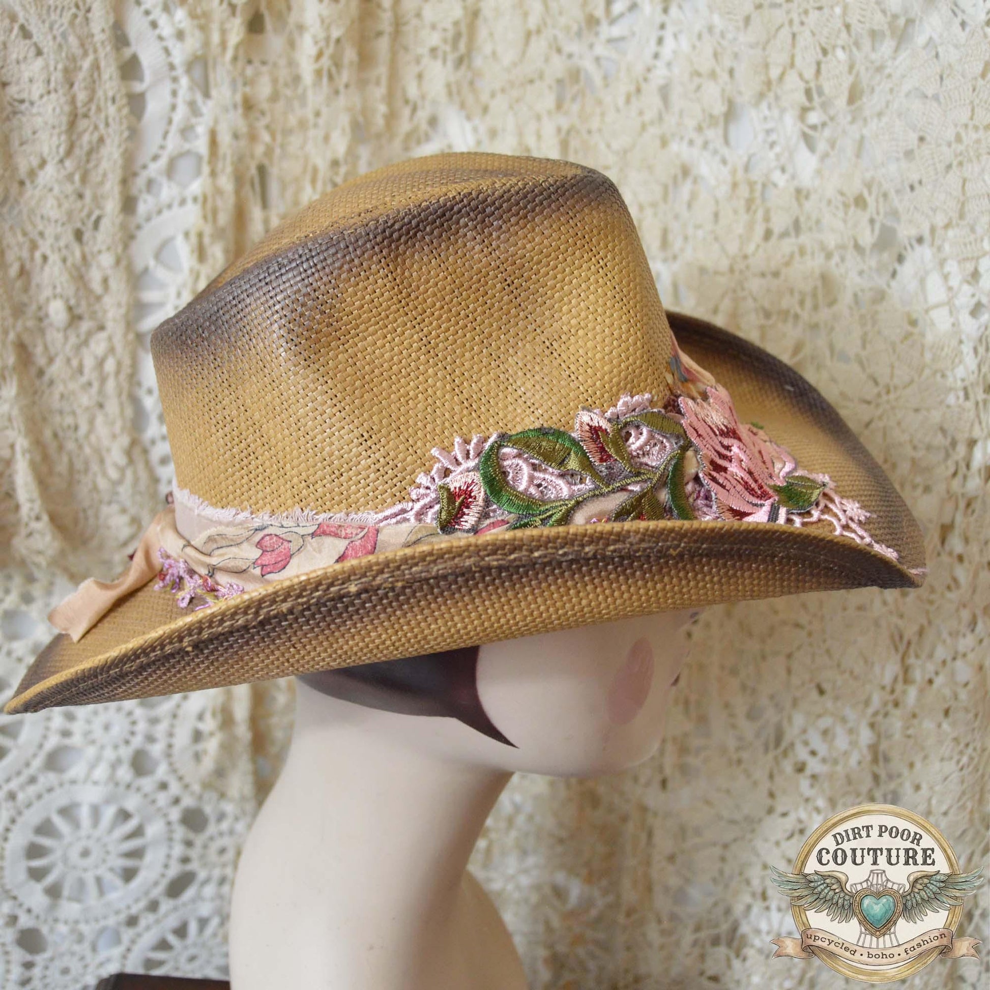 Boho Straw Cowgirl Hat, One of a Kind Western Hat, Floral Sari Silk Hat, Artisan Festival Hat, Georgia