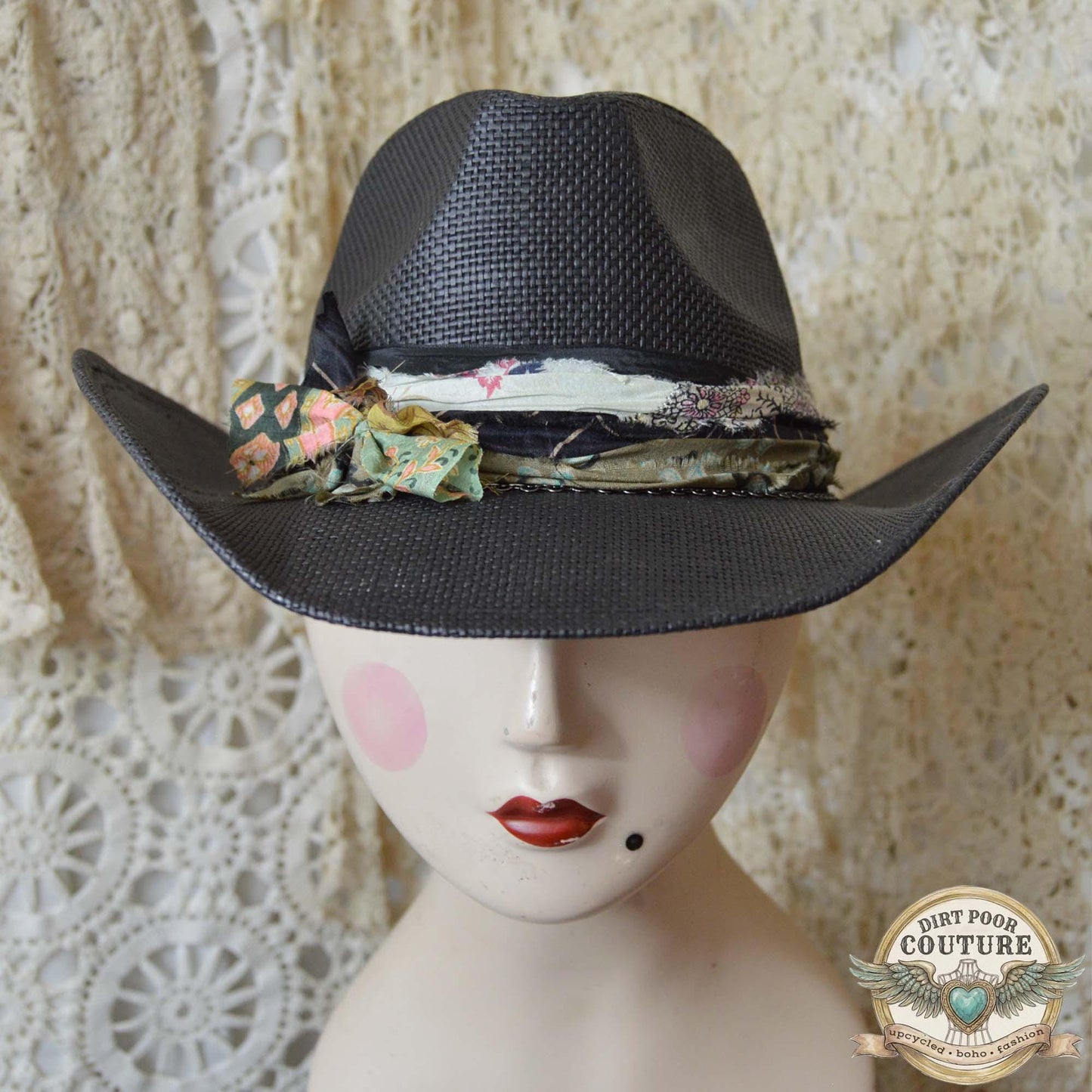 Black Boho Cowgirl Hat, One of a Kind Western Hat, Vintage Sari Silk Hat, Artisan Festival Hat, Hazel
