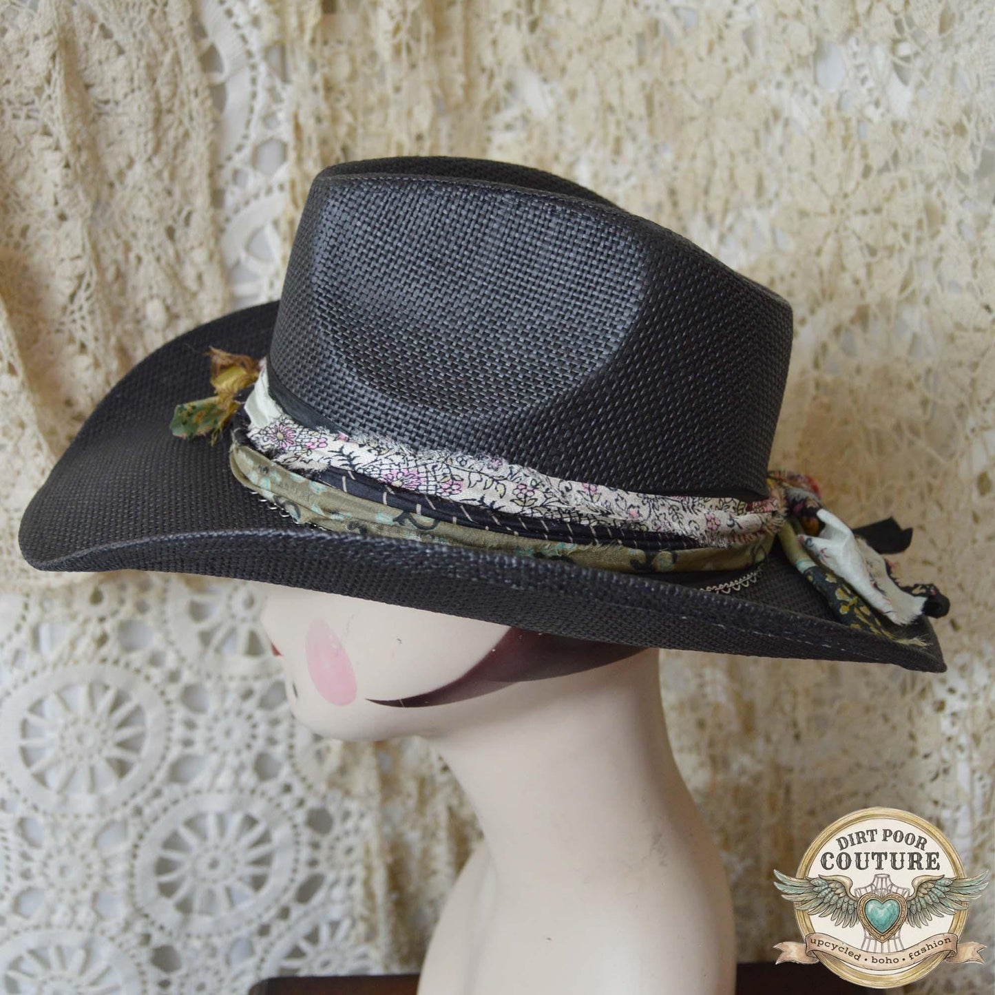 Black Boho Cowgirl Hat, One of a Kind Western Hat, Vintage Sari Silk Hat, Artisan Festival Hat, Hazel