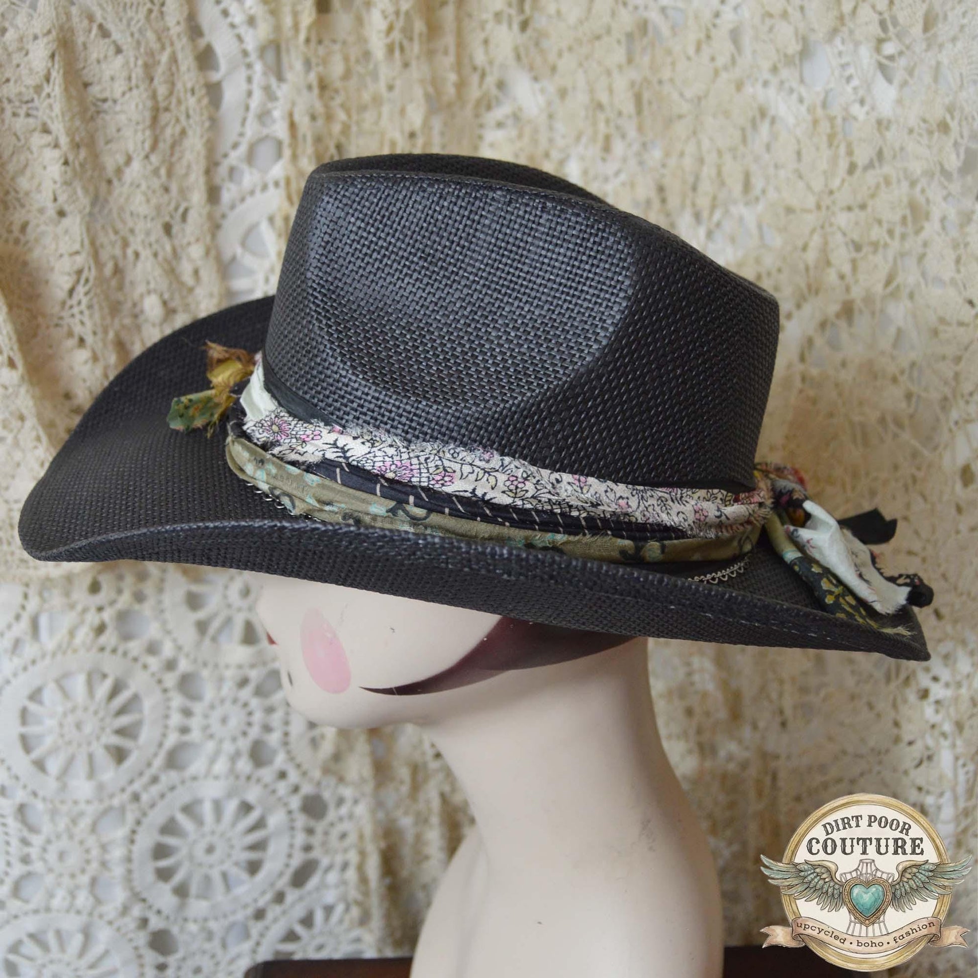 Black Boho Cowgirl Hat, One of a Kind Western Hat, Vintage Sari Silk Hat, Artisan Festival Hat, Hazel
