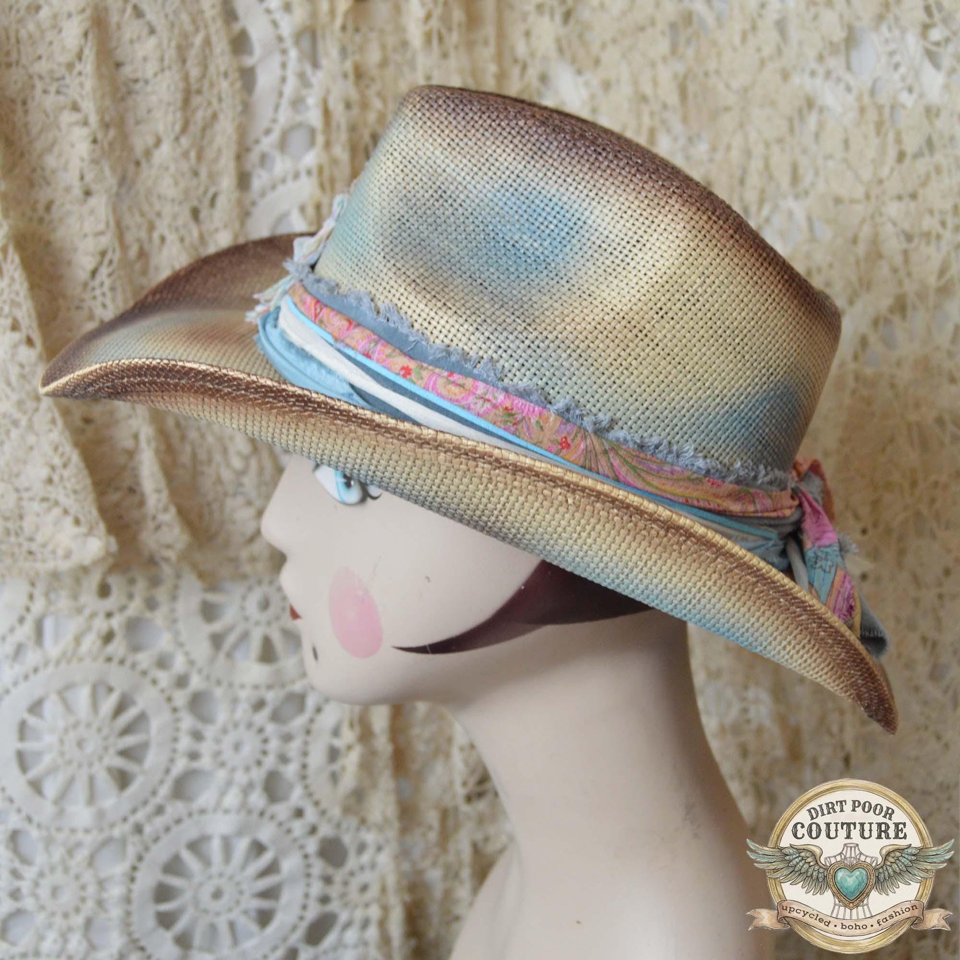 OOAK Boho Cowgirl Hat, Distressed Western Hat, Vintage Sari Silk, Pastel Festival Hat, Artisan Cowboy Hat, Leoni