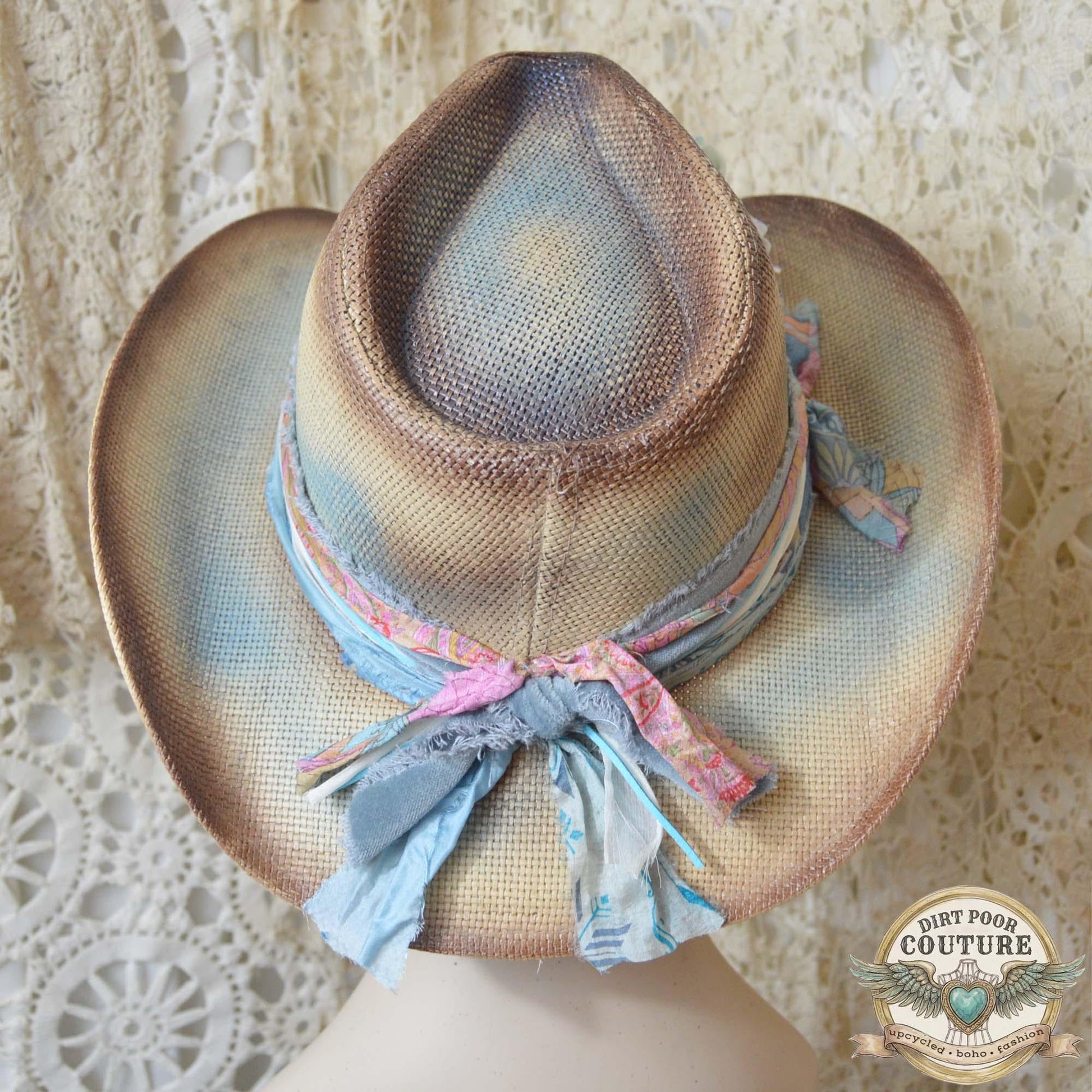 OOAK Boho Cowgirl Hat, Distressed Western Hat, Vintage Sari Silk, Pastel Festival Hat, Artisan Cowboy Hat, Leoni