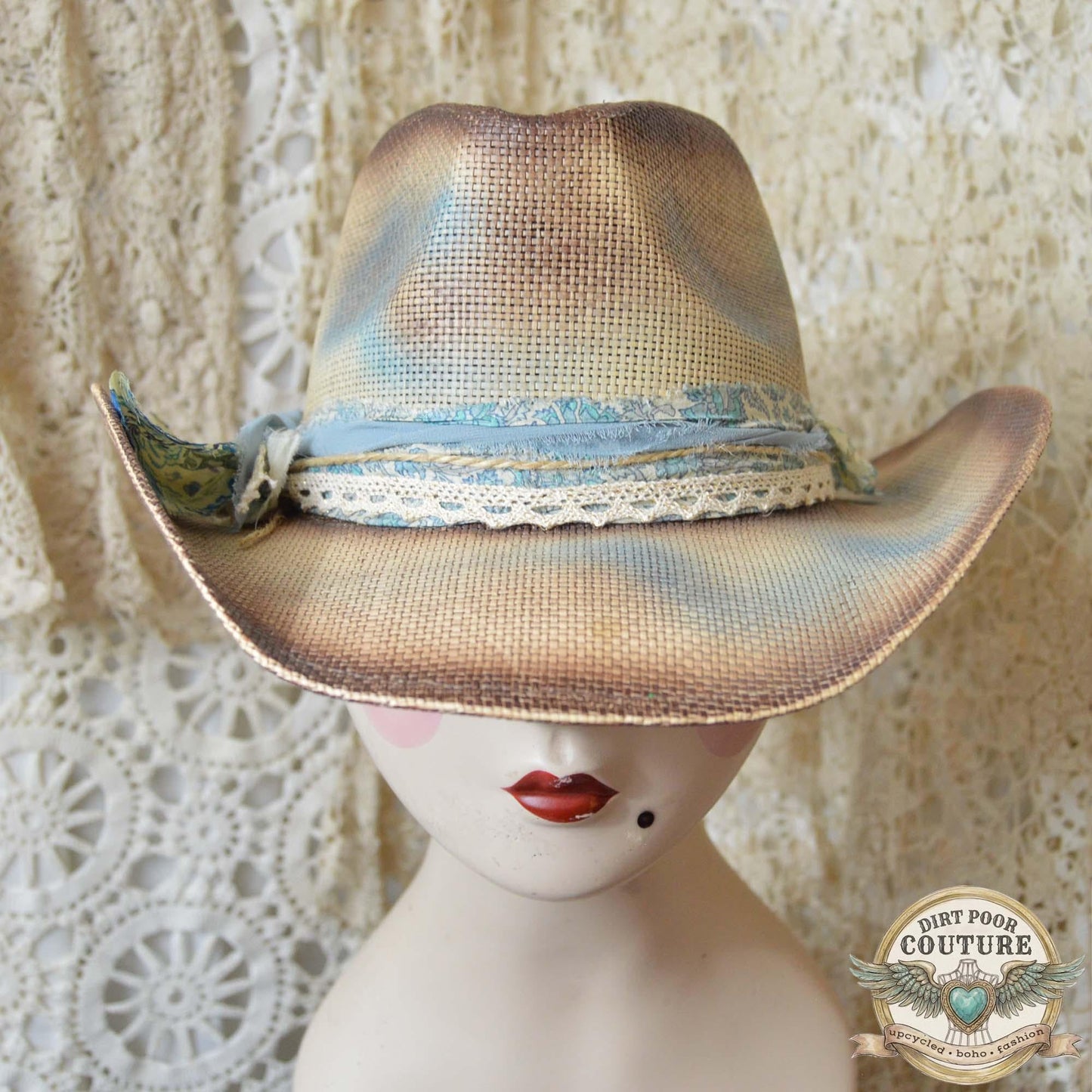 Distressed Boho Cowgirl Hat, One of a Kind Western Hat, Vintage Sari Silk Hat, Cottagecore Cowboy Hat, Artisan Hat, Lillian