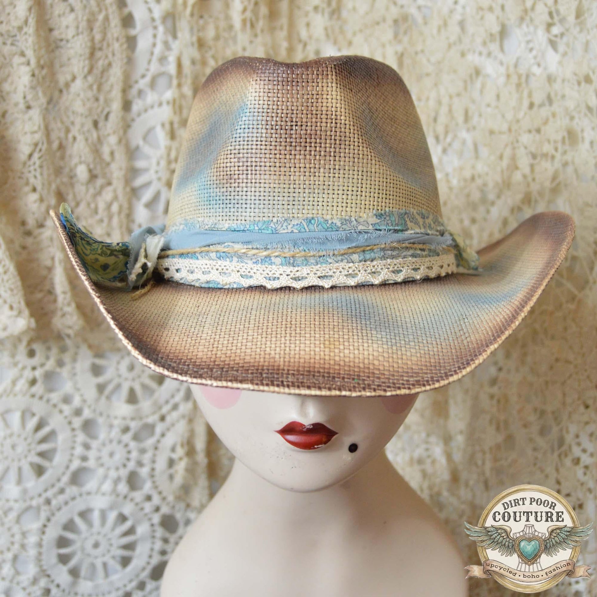 Distressed Boho Cowgirl Hat, One of a Kind Western Hat, Vintage Sari Silk Hat, Cottagecore Cowboy Hat, Artisan Hat, Lillian