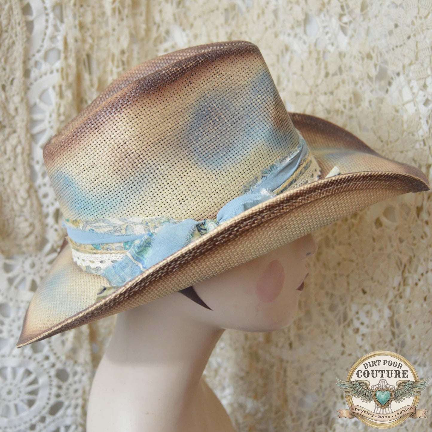 Distressed Boho Cowgirl Hat, One of a Kind Western Hat, Vintage Sari Silk Hat, Cottagecore Cowboy Hat, Artisan Hat, Lillian