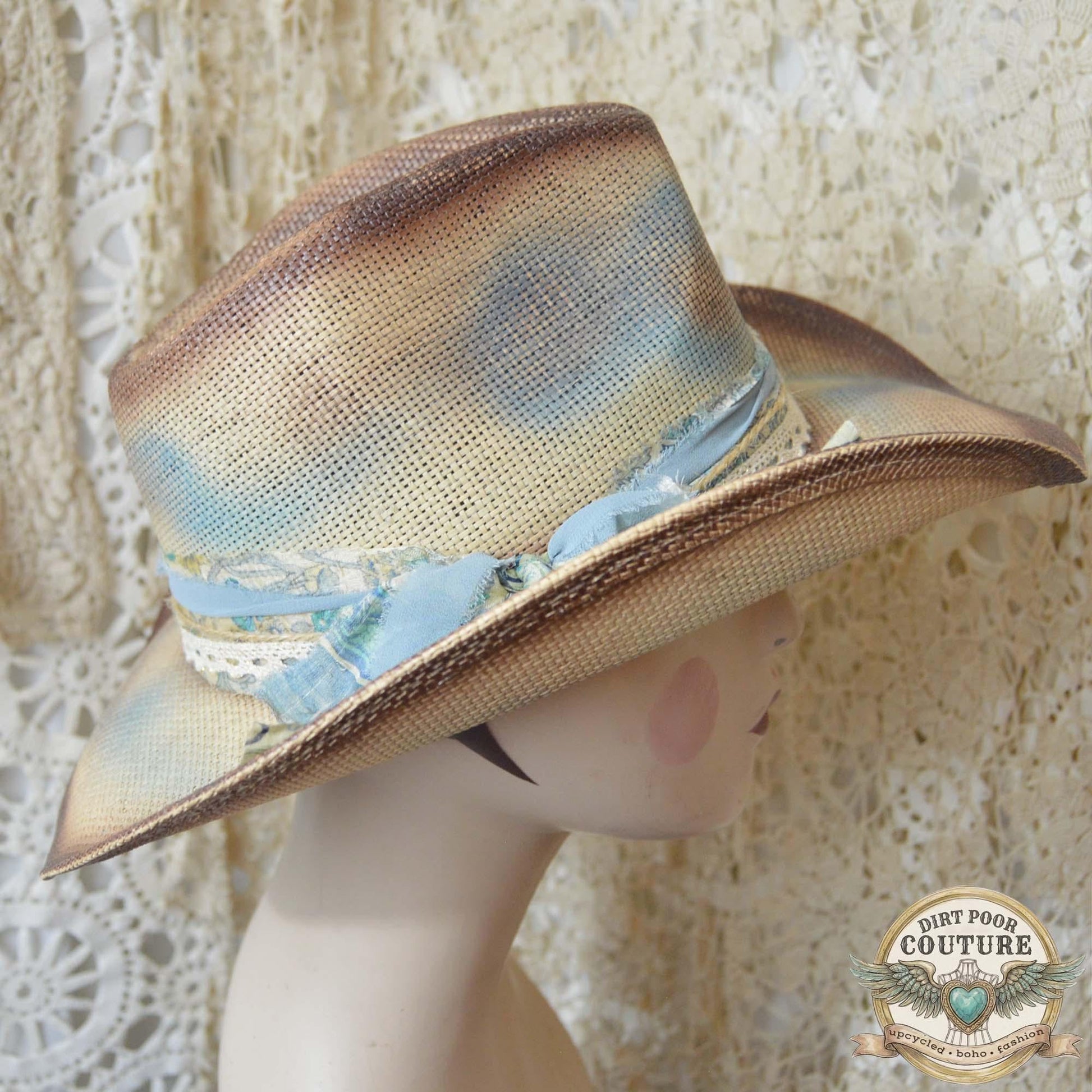 Distressed Boho Cowgirl Hat, One of a Kind Western Hat, Vintage Sari Silk Hat, Cottagecore Cowboy Hat, Artisan Hat, Lillian
